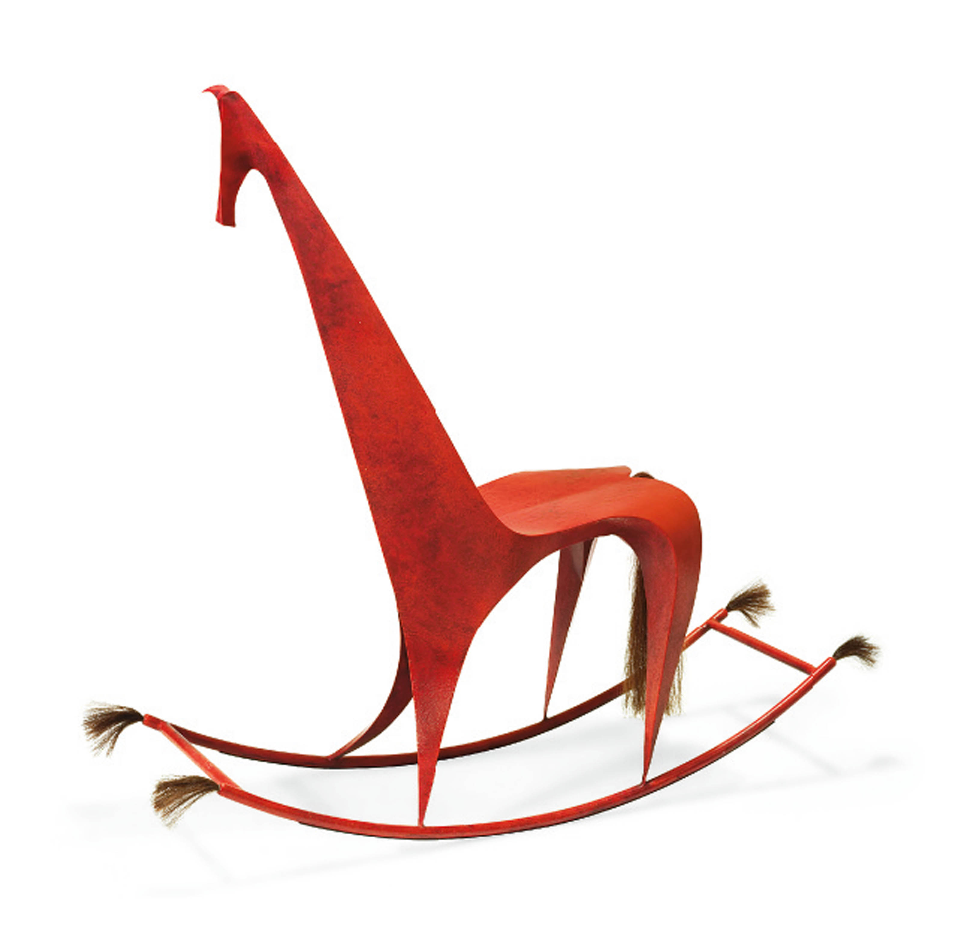 A REDPAINTED STEEL 'ROCKINGHORSE' ROCKING CHAIR , BY YVES PAGART