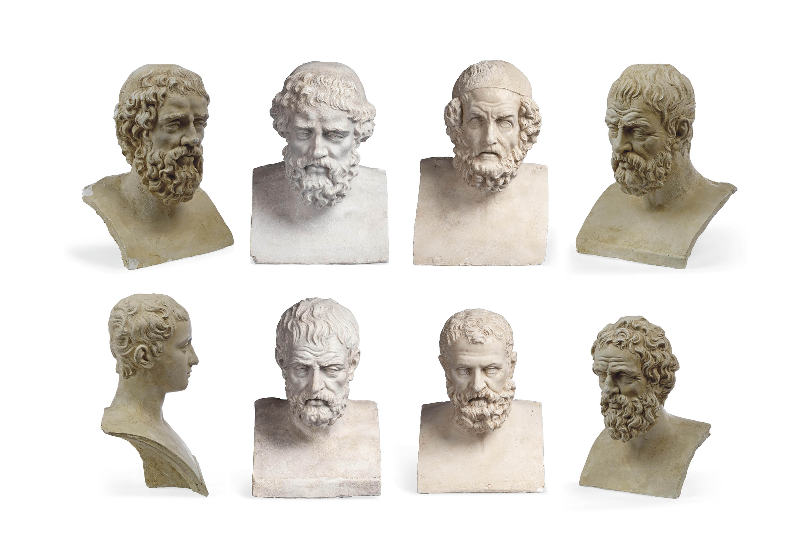 EIGHT PLASTER BUSTS , MAINLY OF PHILOSOPHERS, PROBABLY AFTER THE