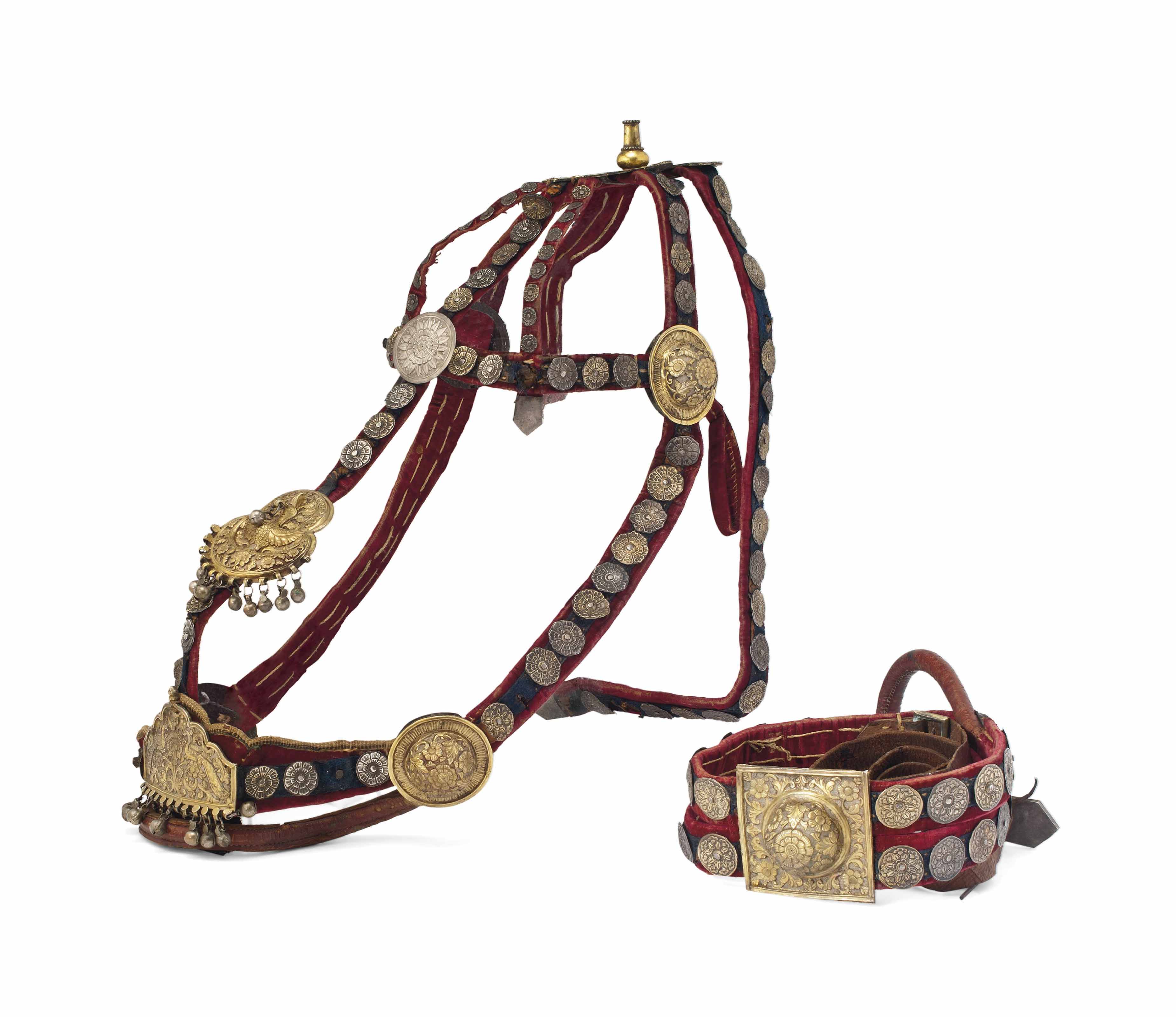 A FINE GILTCOPPER HORSE BRIDLE , KUTCH, WESTERN INDIA, MID19TH