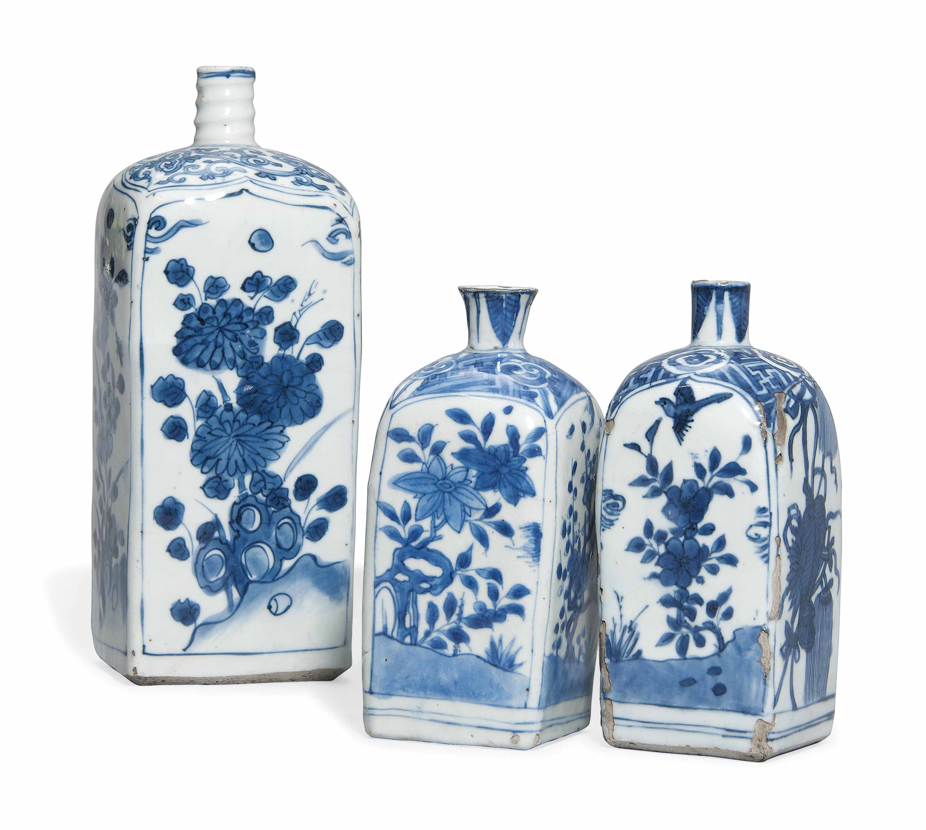 Three Blue And White Square Sectioned Bottle Vases Wanli Period