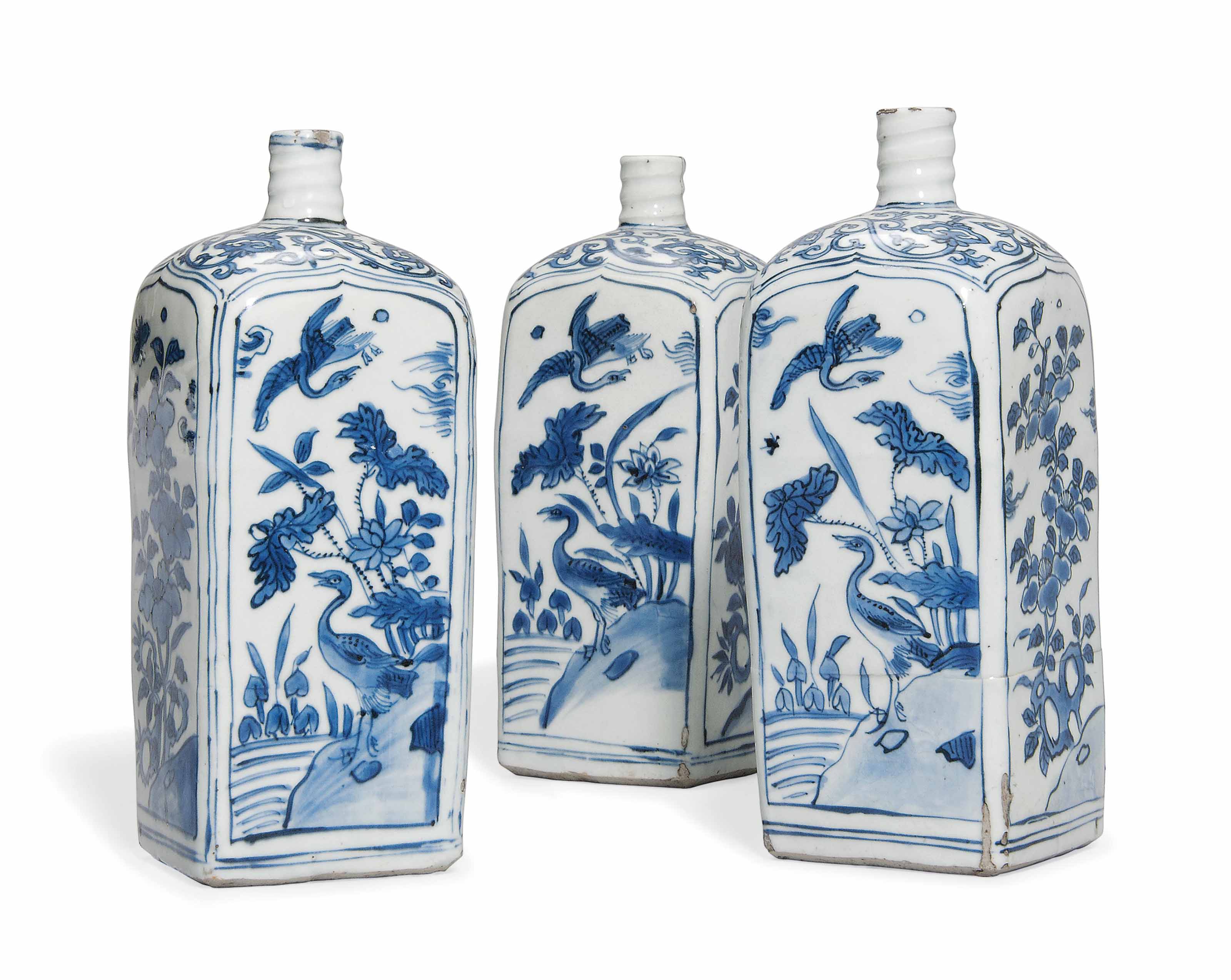 Three Chinese Blue And White Square Sectioned Bottle Vases Wanli