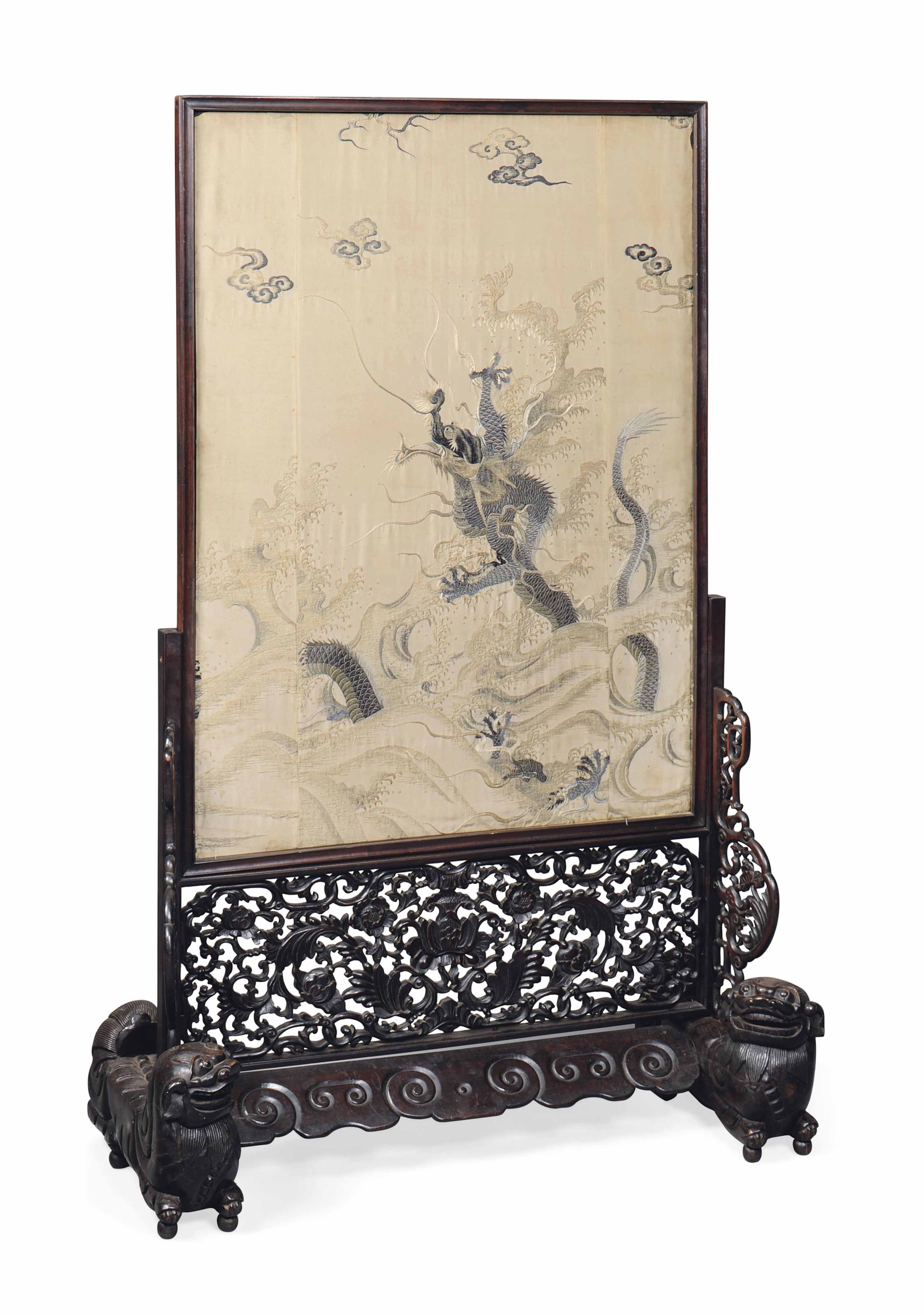 A CHINESE EMBROIDERED SILK AND HONGMU SCREEN , LATE 19TH ...