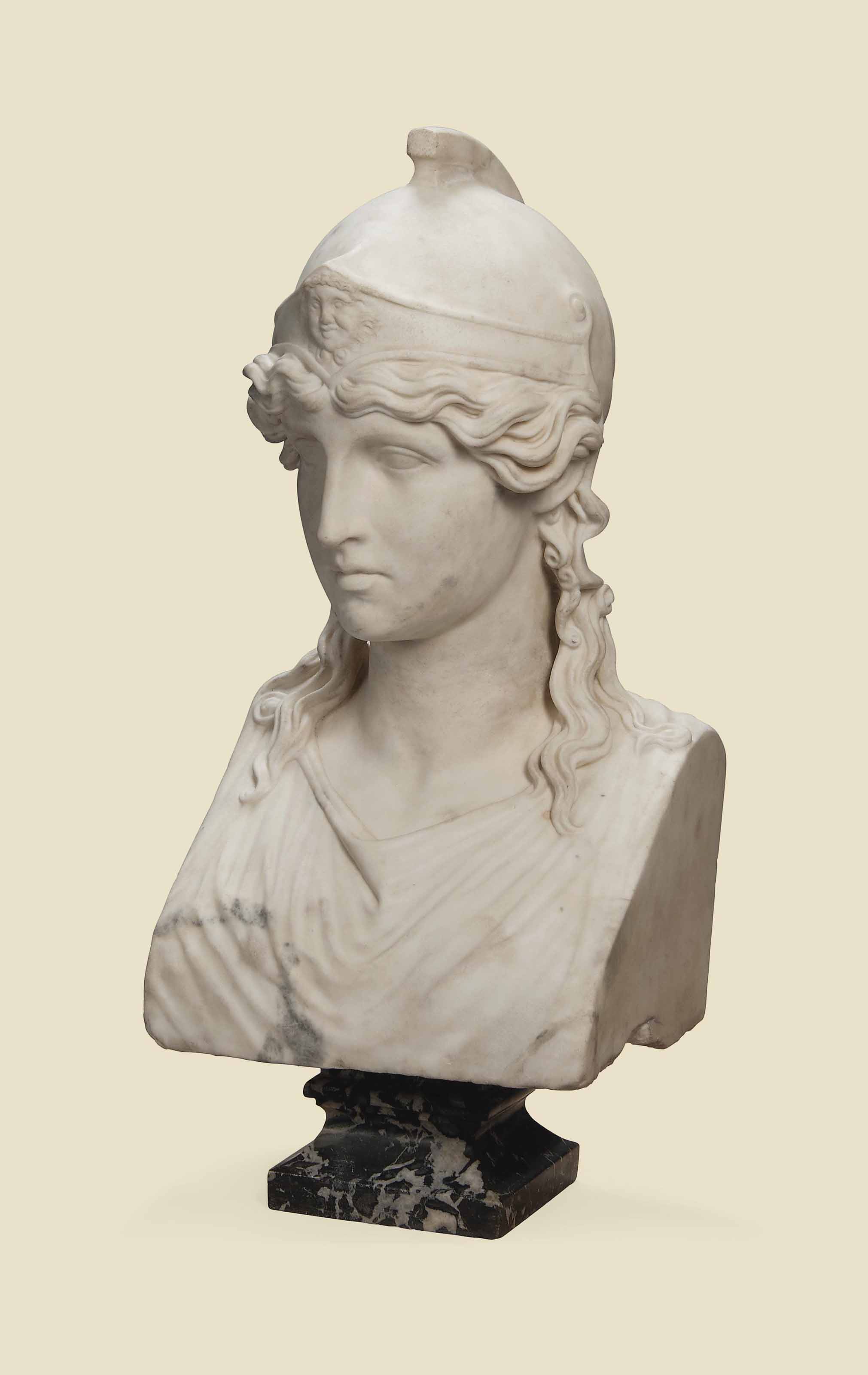 AN ITALIAN WHITE MARBLE BUST OF ATHENA , LATE 18TH EARLY 19TH CENTURY