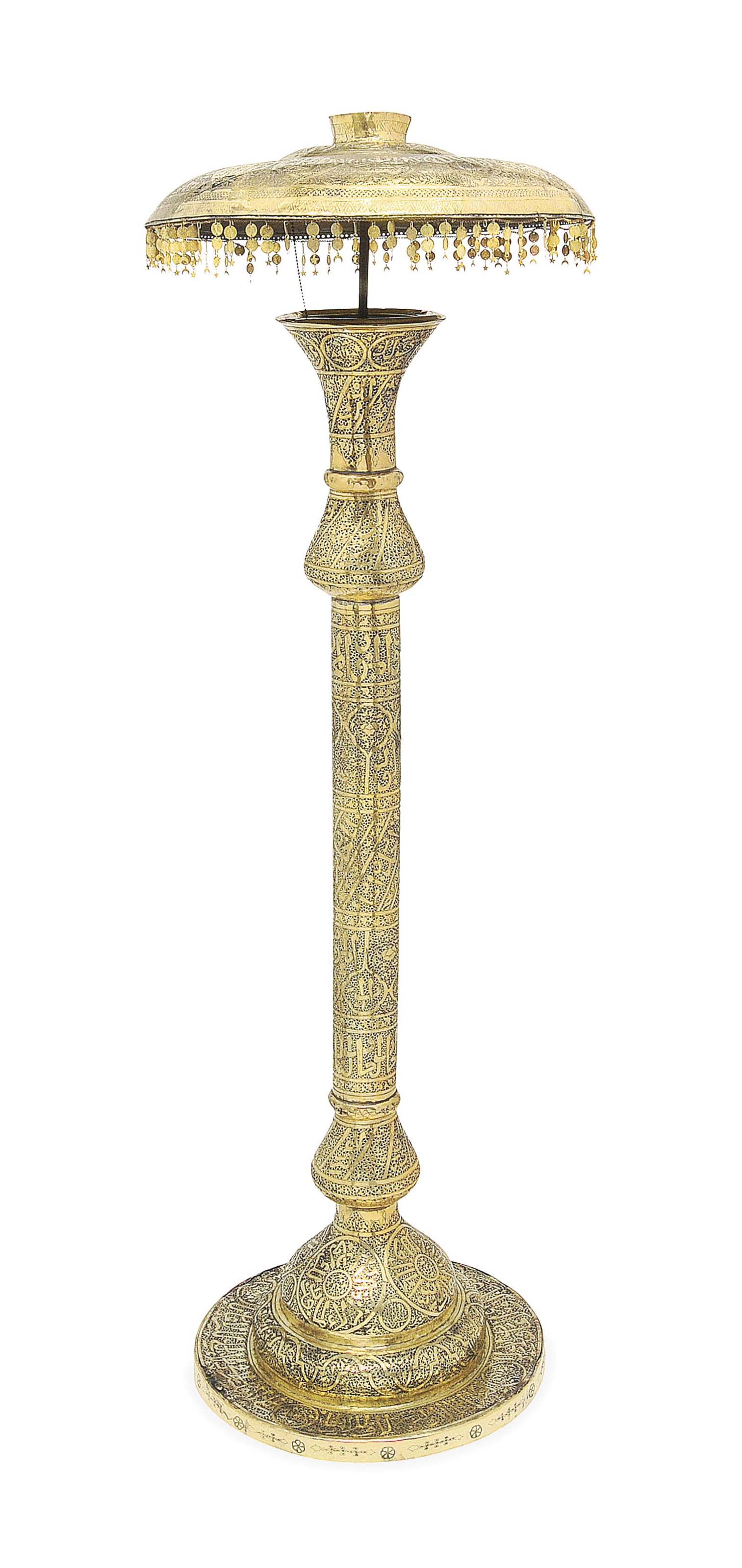 A LARGE "CAIROWARE" PIERCED BRASS LAMP STAND , OTTOMAN SYRIA OR EGYPT