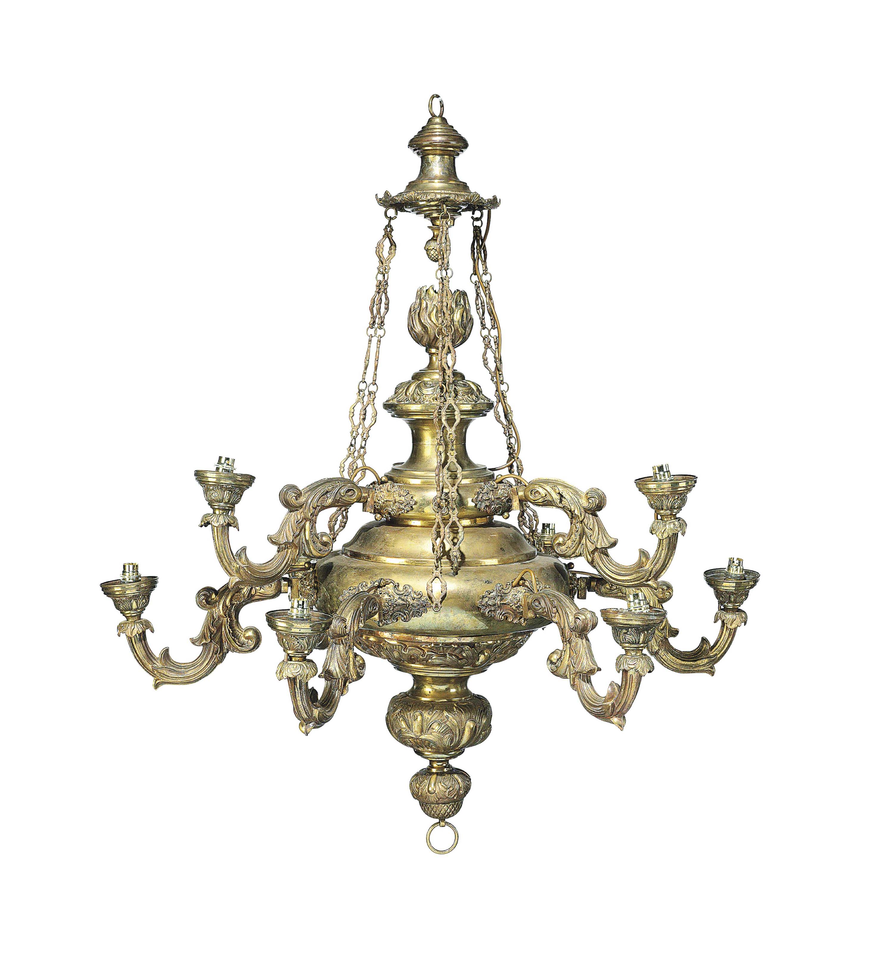 A PAIR OF LACQUEREDBRASS CHANDELIERS , PROBABLY FRENCH, SECOND HALF