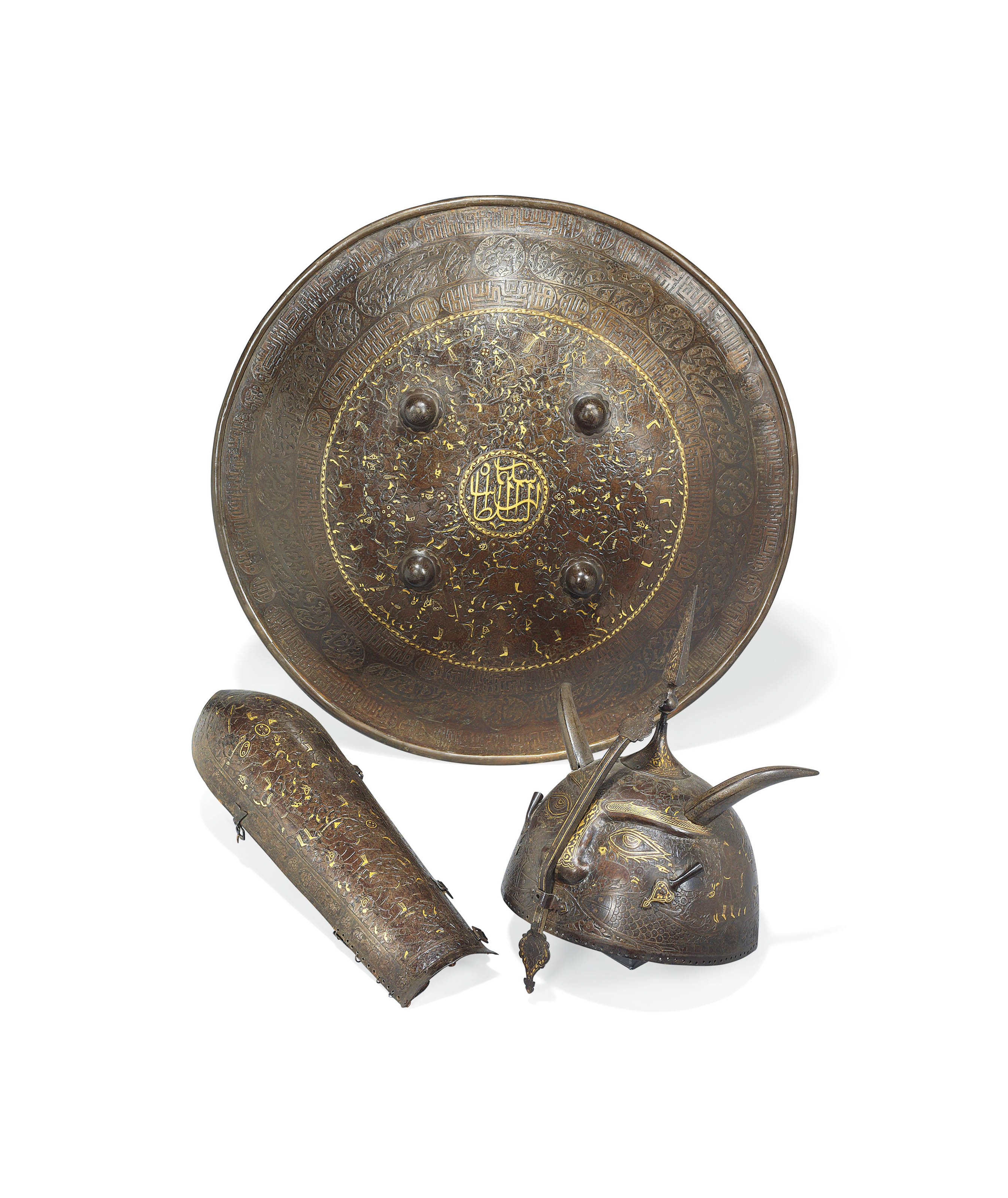 A QAJAR GOLDDAMASCENED STEEL SET OF ARMOUR , IRAN, 19TH CENTURY