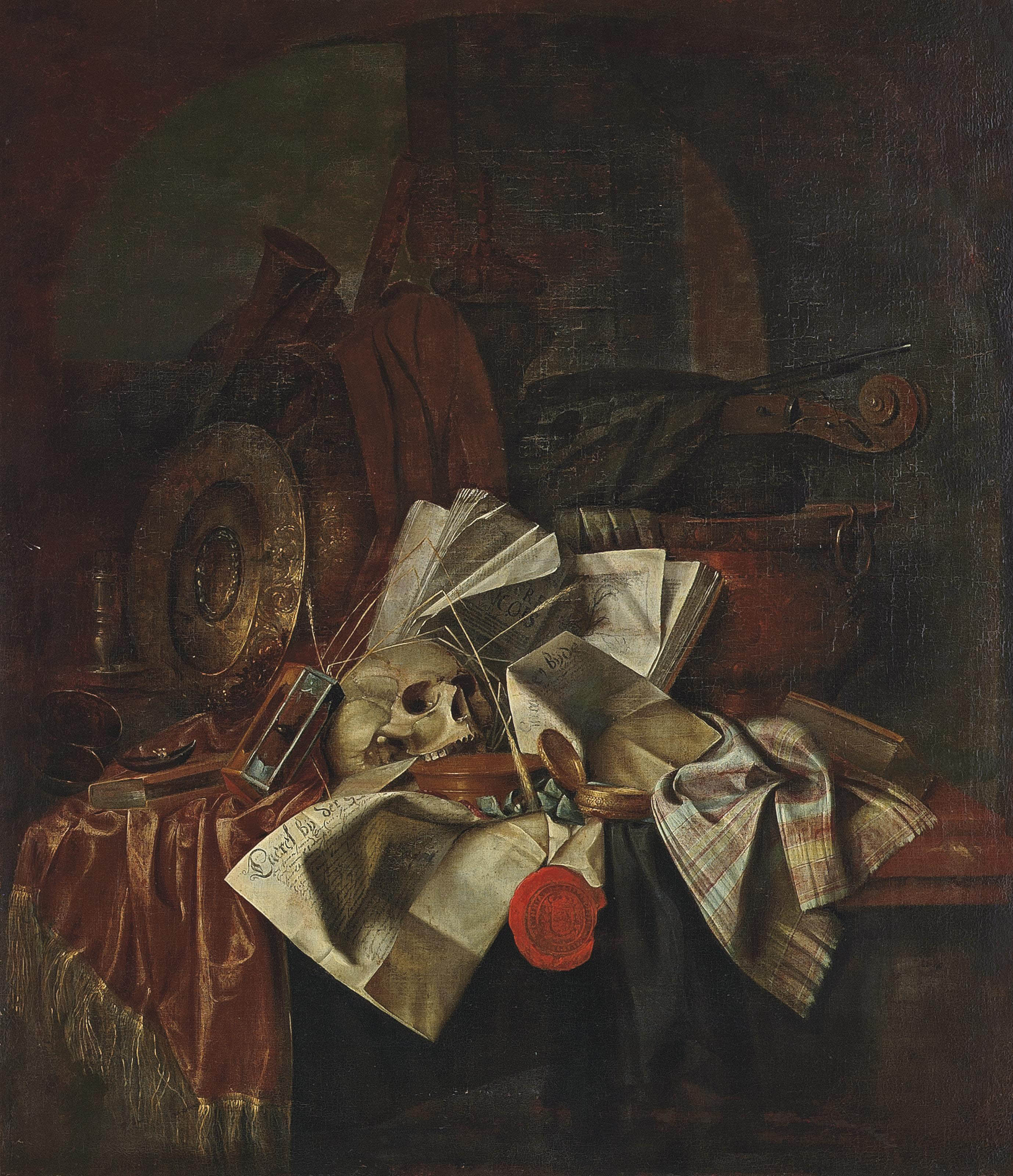 Franciscus Gijsbrechts Active Leiden 1672 1677 A Skull An Hour Glass A Shield With Books And Papers On A Partly Draped Table Paintings Oil Christie S
