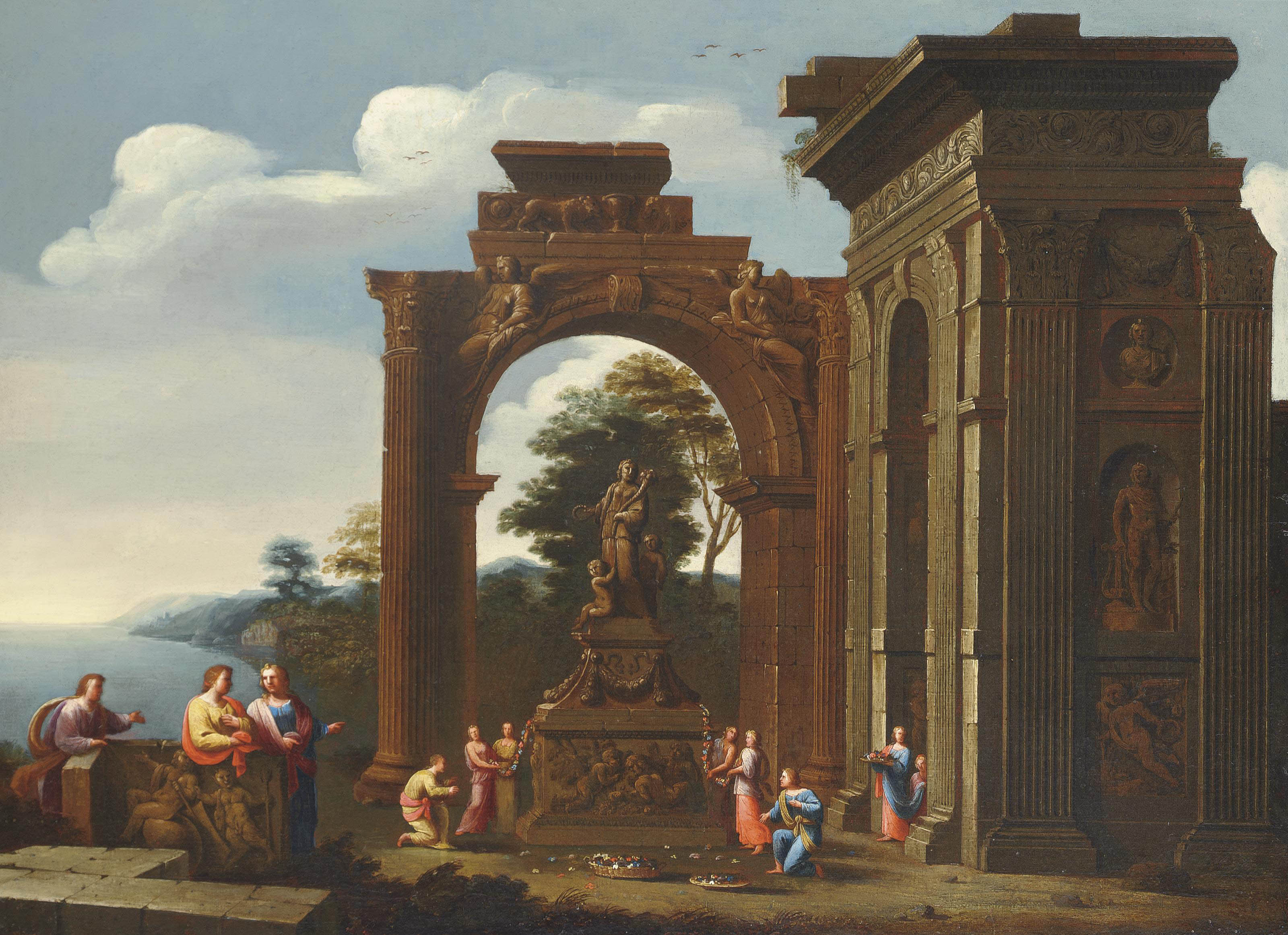 Circle Of Giovanni Ghisolfi Milan 1623 1683 A Capriccio Of Roman Ruins With Classical Figures Adorning A Shrine To Ceres 17th Century Paintings Christie S