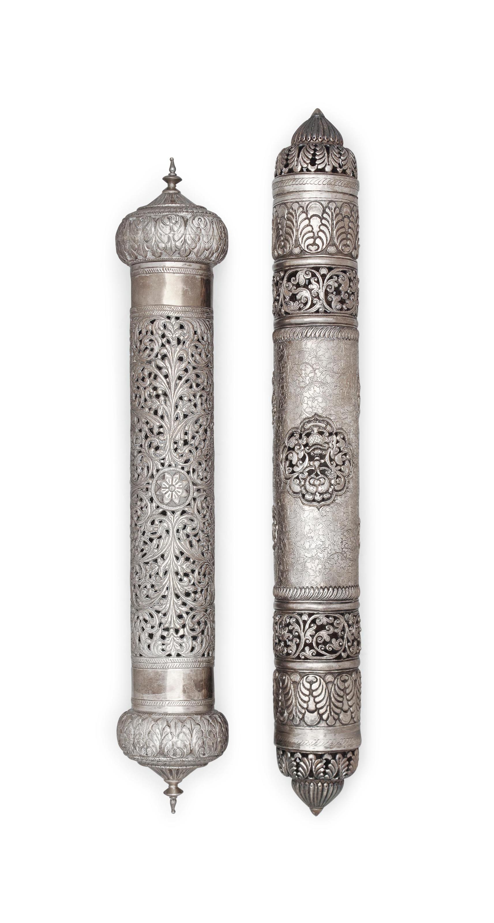 TWO INDIAN SILVER SCROLL HOLDERS , UNMARKED, LATE 19TH/EARLY 20TH