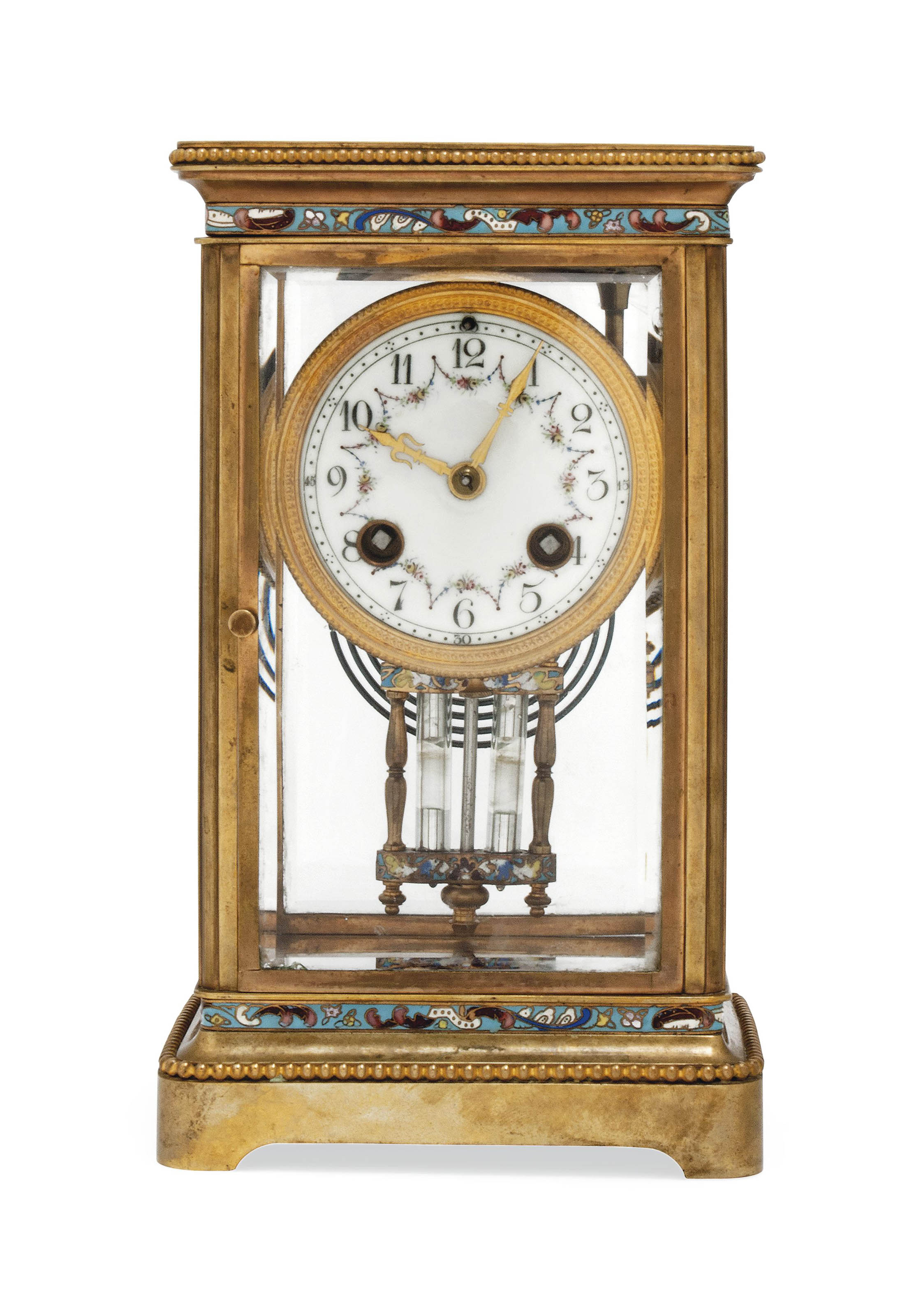 A FRENCH CHAMPLEVE ENAMEL AND GILTBRASS MANTEL CLOCK , CIRCA 1900