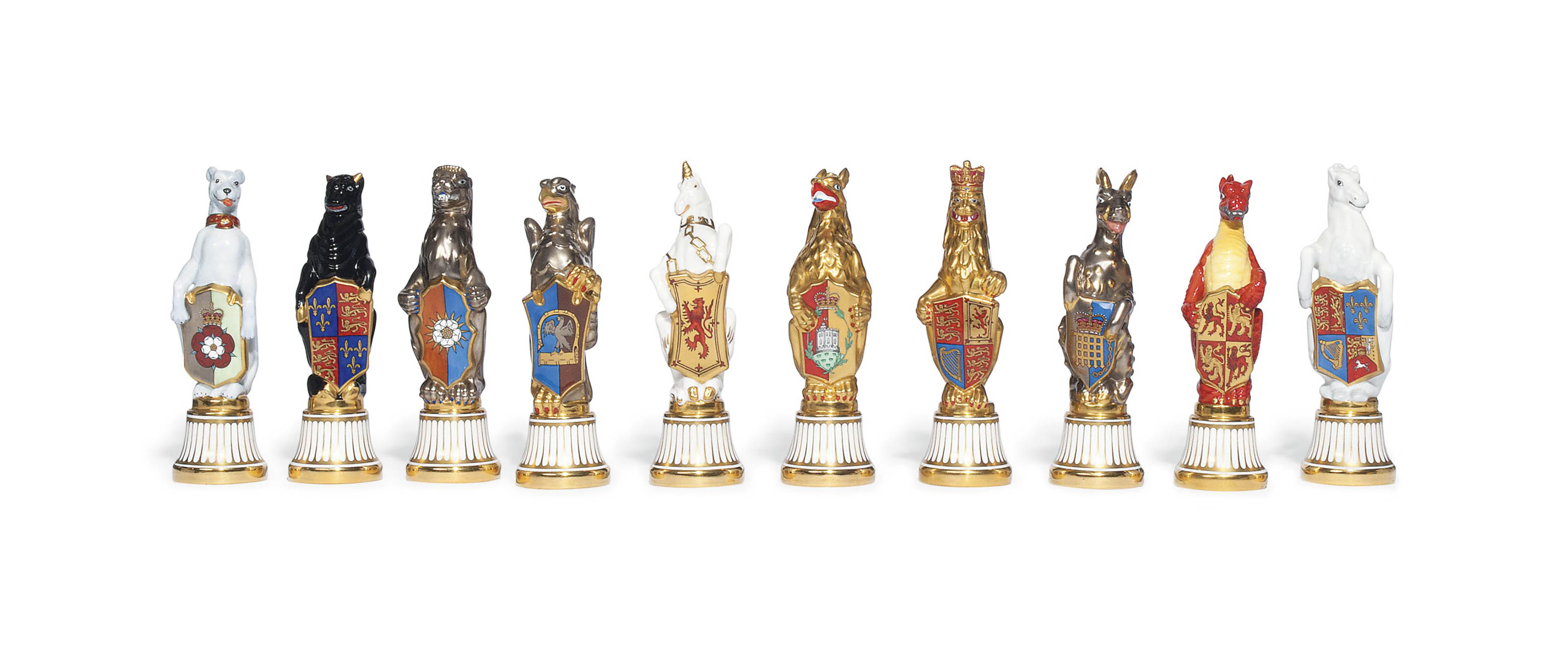 A SET OF TEN MINTON MODELS OF THE QUEEN'S BEASTS , 1955, GILT PRINTED