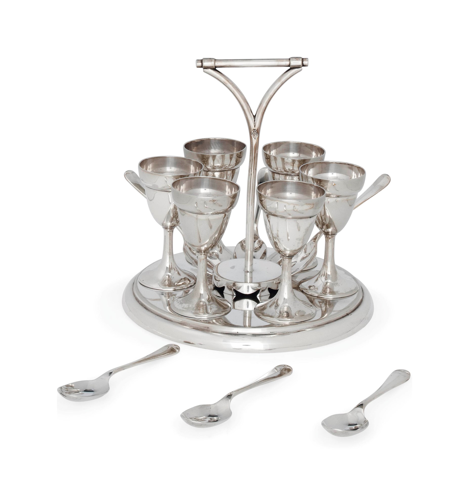 A CHRISTOPHER DRESSER SILVERPLATED EGG SET FOR HUKIN & HEATH , CIRCA