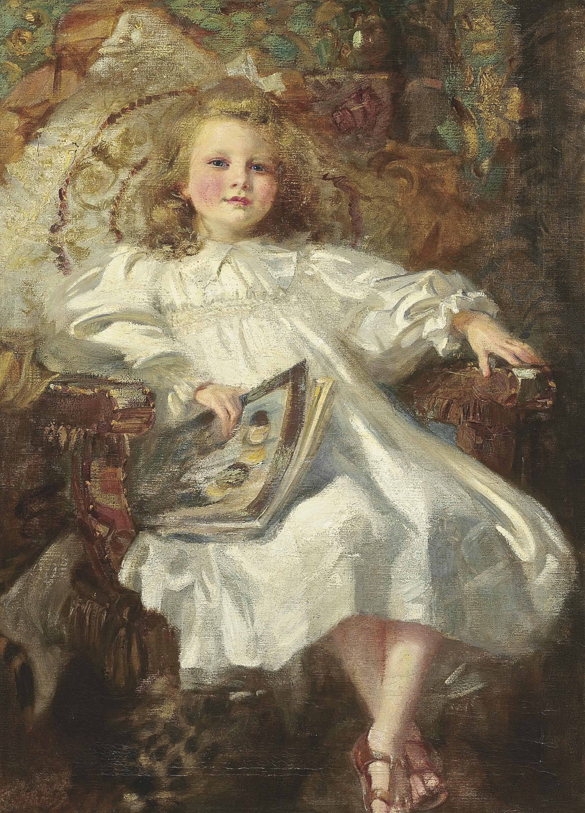 Portrait of a young girl, seated full-length, in a white dress and sandals
