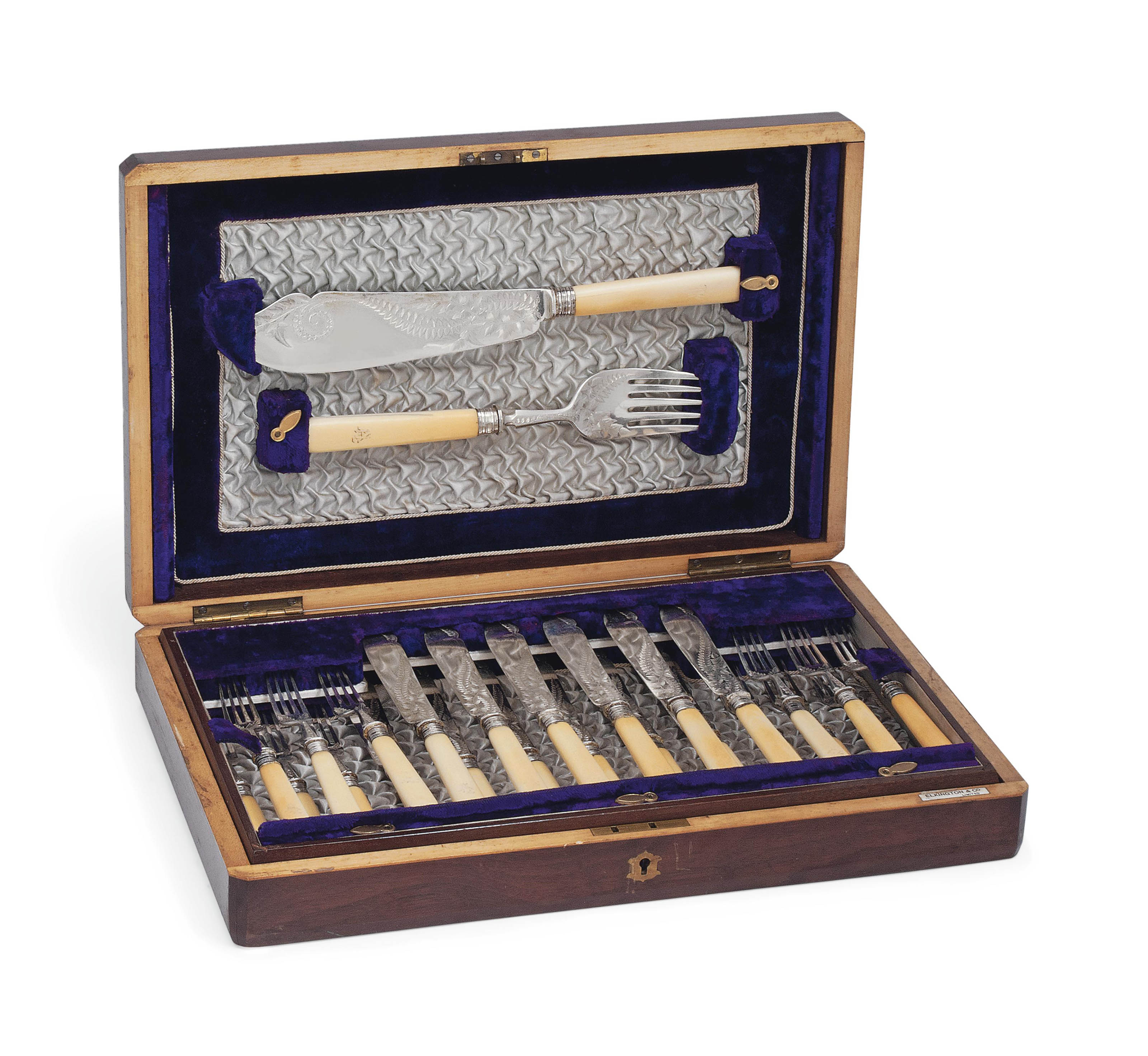 TWELVE PAIRS OF VICTORIAN IVORYHANDLED SILVER FISH KNIVES AND FORKS WITH A PAIR OF FISH SERVERS