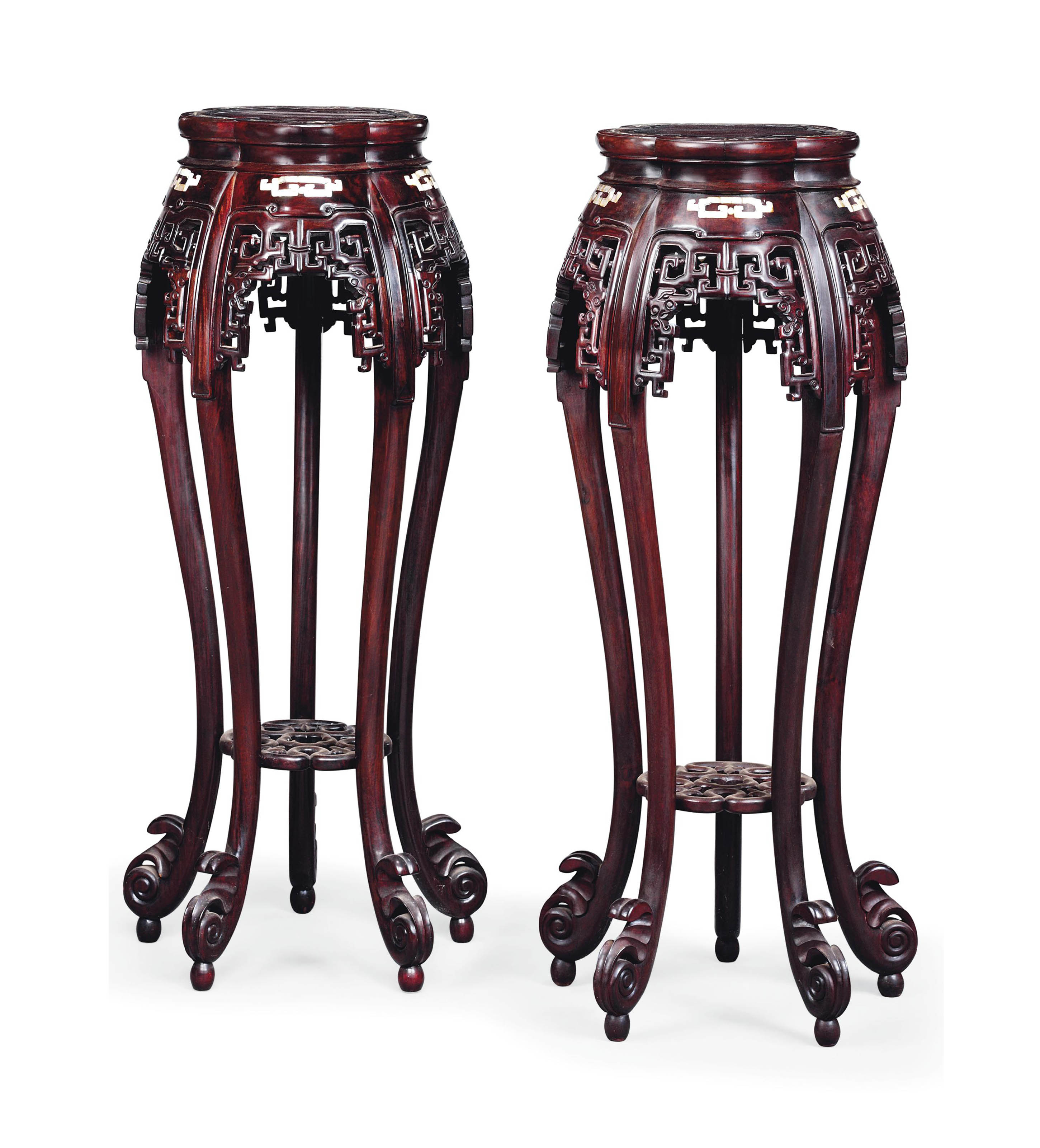 A Pair Of Chinese Mother Of Pearl Inlaid Rosewood Urn Stands