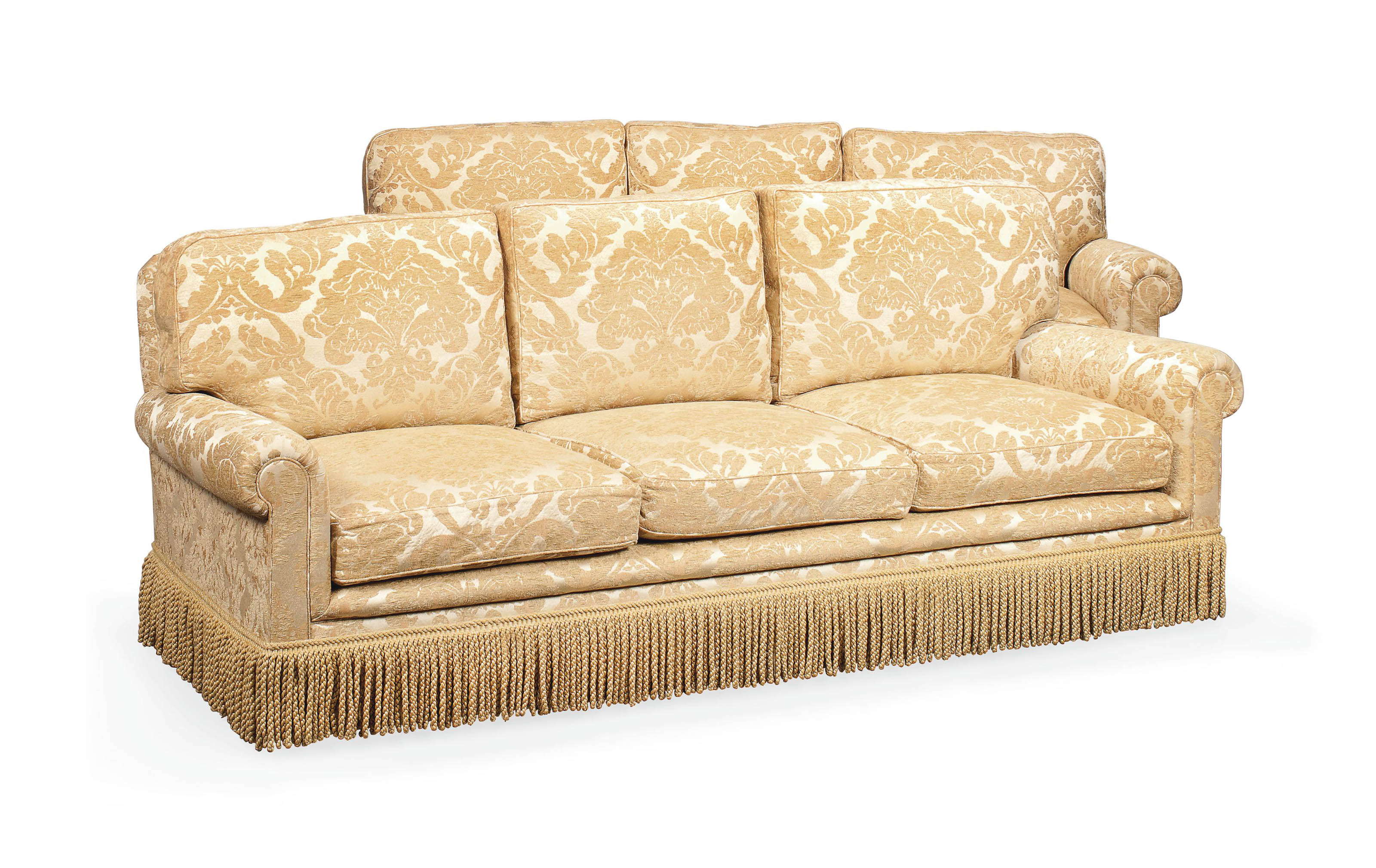 A PAIR OF CREAM AND BUFF DAMASK SOFAS , BY LATE 20TH CENTURY