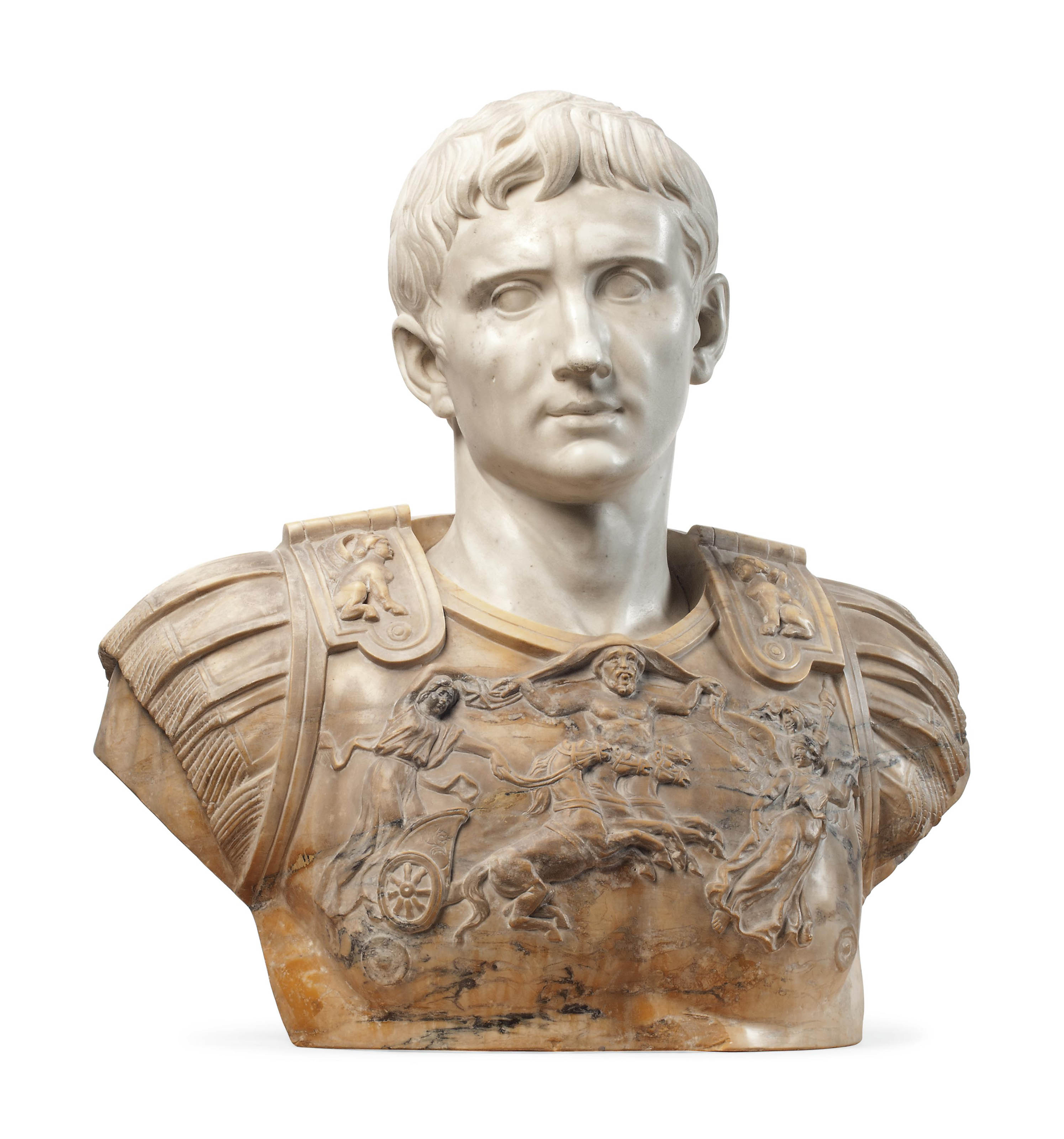 AN ITALIAN CARVED WHITE AND SIENA MARBLE BUST OF CAESAR AUGUSTUS , SECOND HALF 19TH ...2990 x 3200