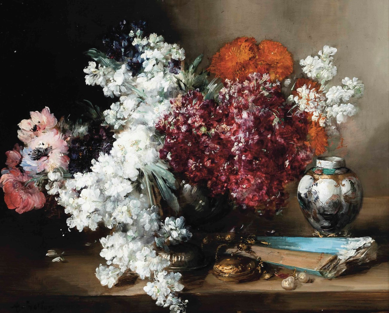 Antoine Vollon (French, 18331900) , Anenomies and marigolds by a vase