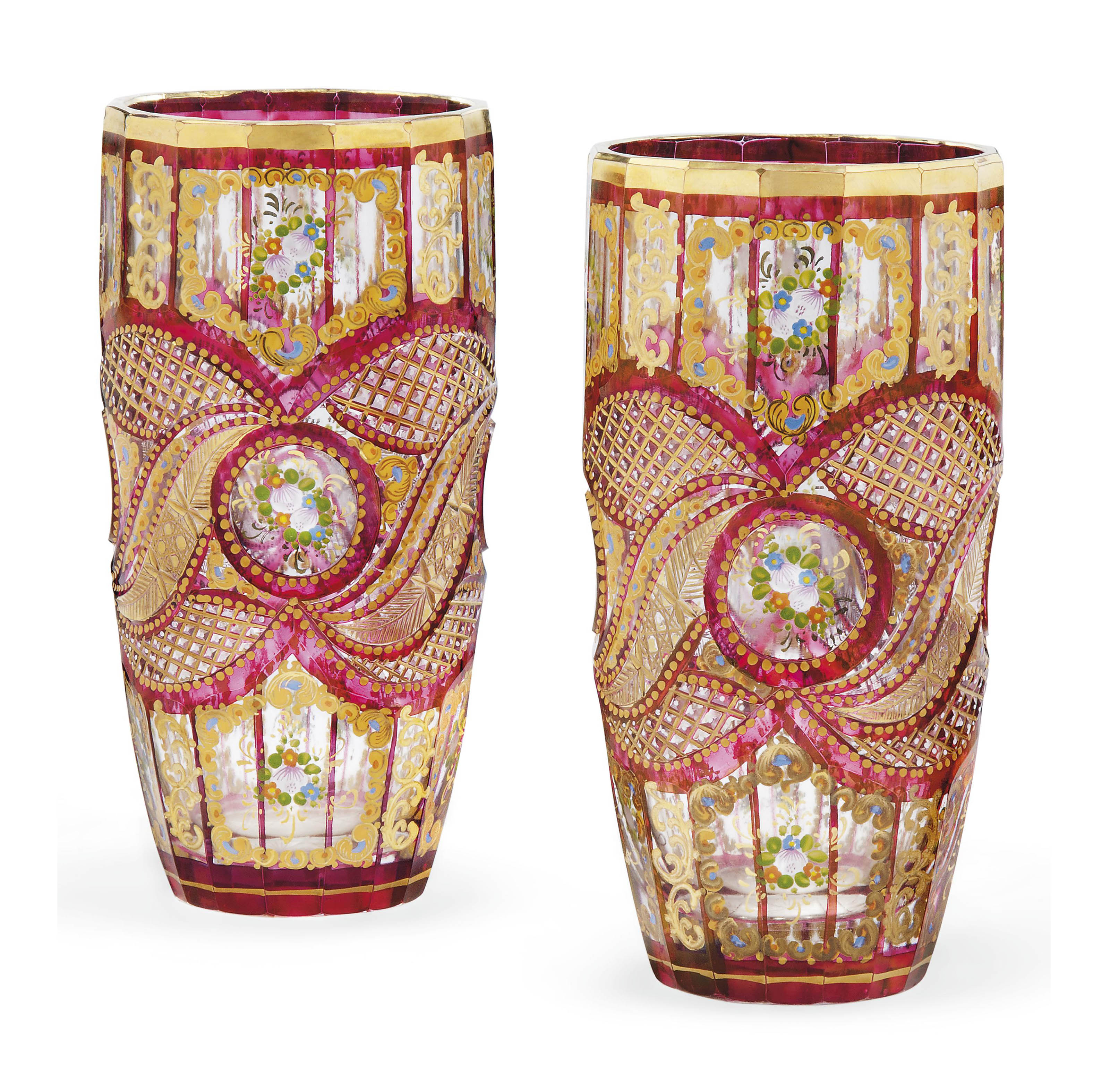 A PAIR OF BOHEMIAN CUT AND ENAMELLED CRANBERRYSTAINED GLASS VASES