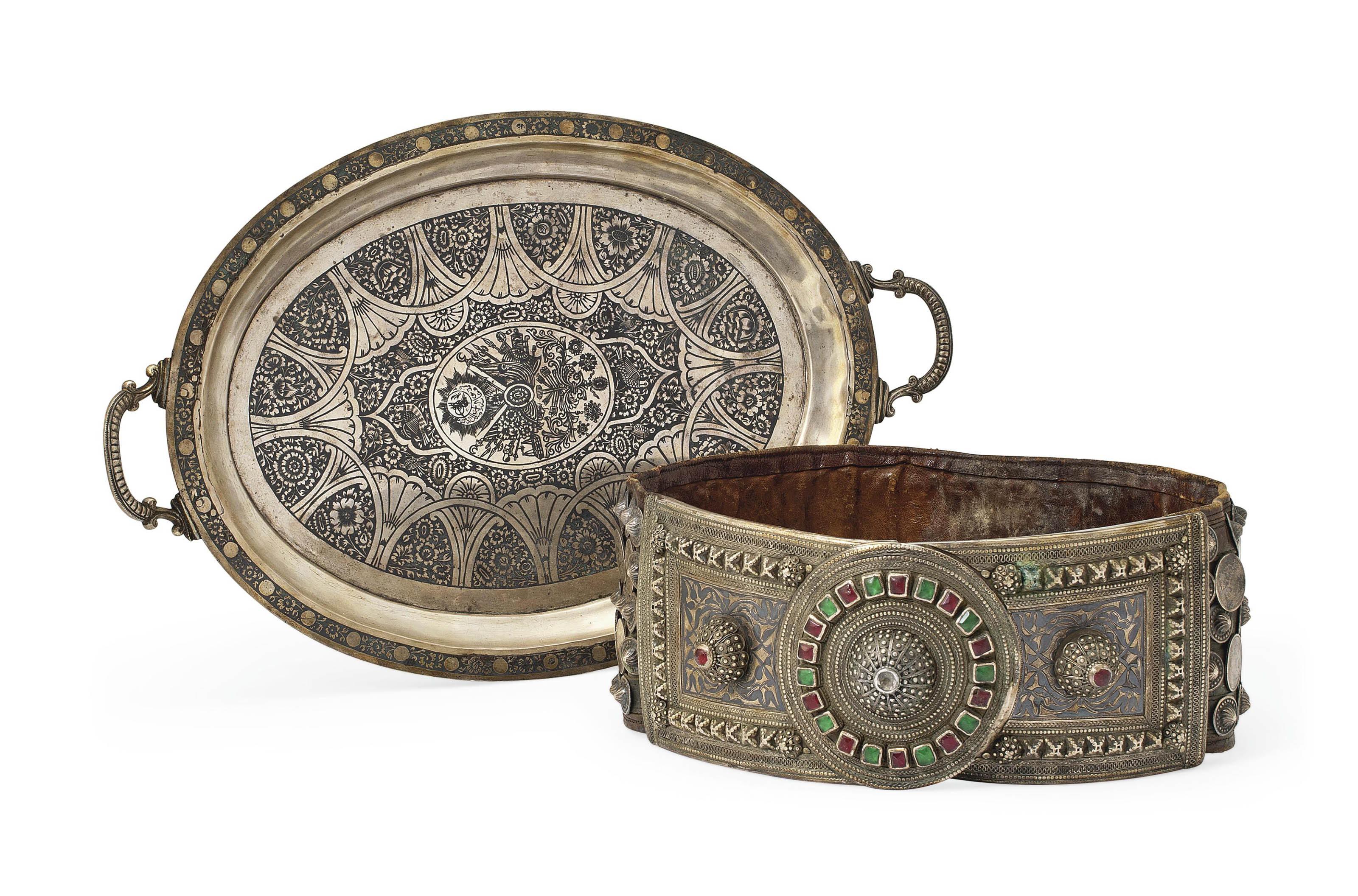AN OTTOMAN SILVER NIELLOED TRAY AND A LARGE SILVER BELT , VAN, EASTERN