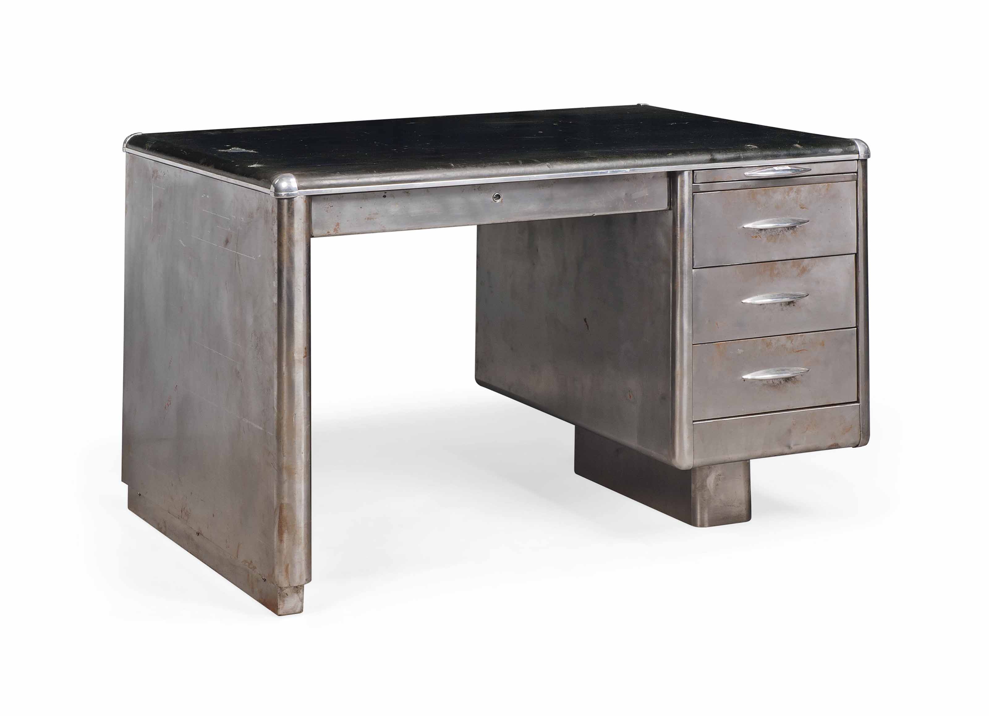 A METAL DESK WITH RUBBERIZED TOP, POSSIBLY AMERICAN , CIRCA 1940