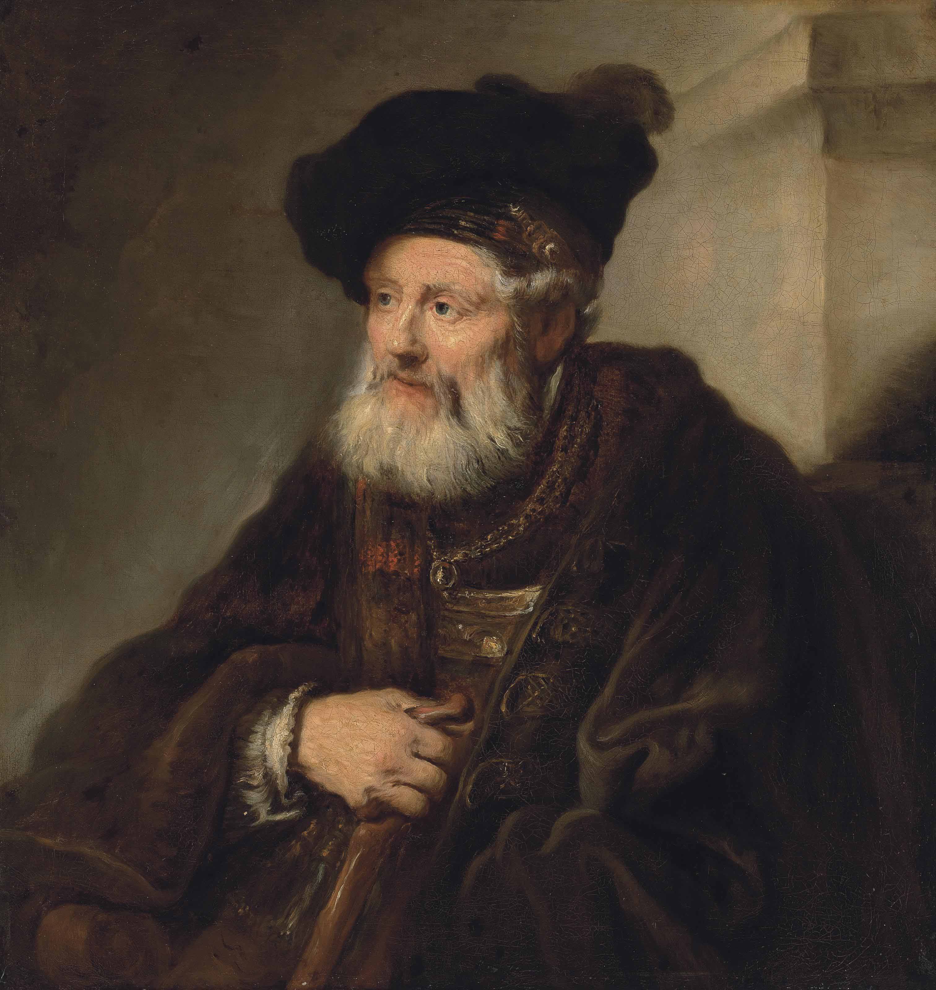 Portrait of a bearded man, bust-length, in a fur-trimmed coat and an oriental hat, holding a walking stick
