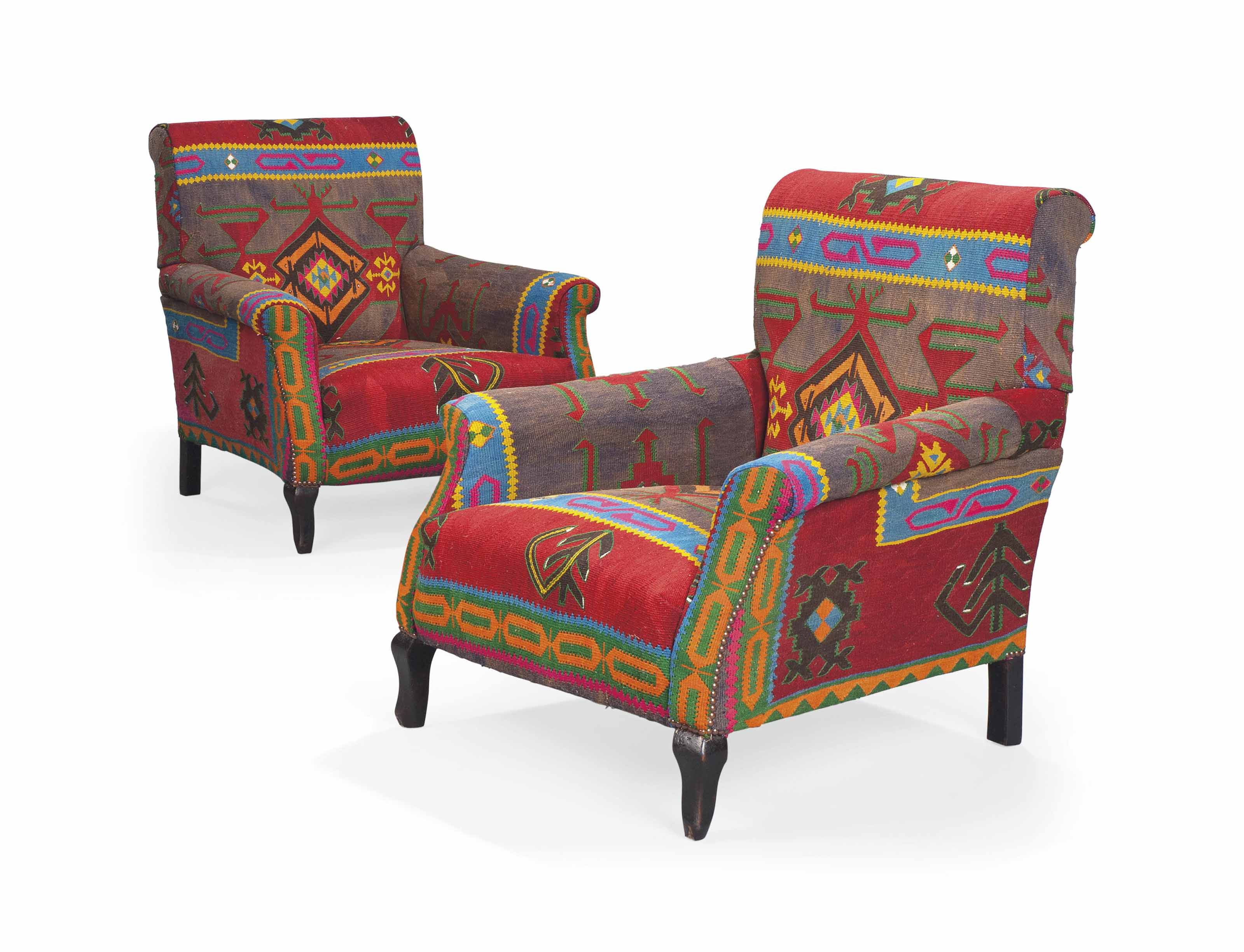 A PAIR OF KILIMUPHOLSTERED ARMCHAIRS , SECOND HALF 20TH CENTURY
