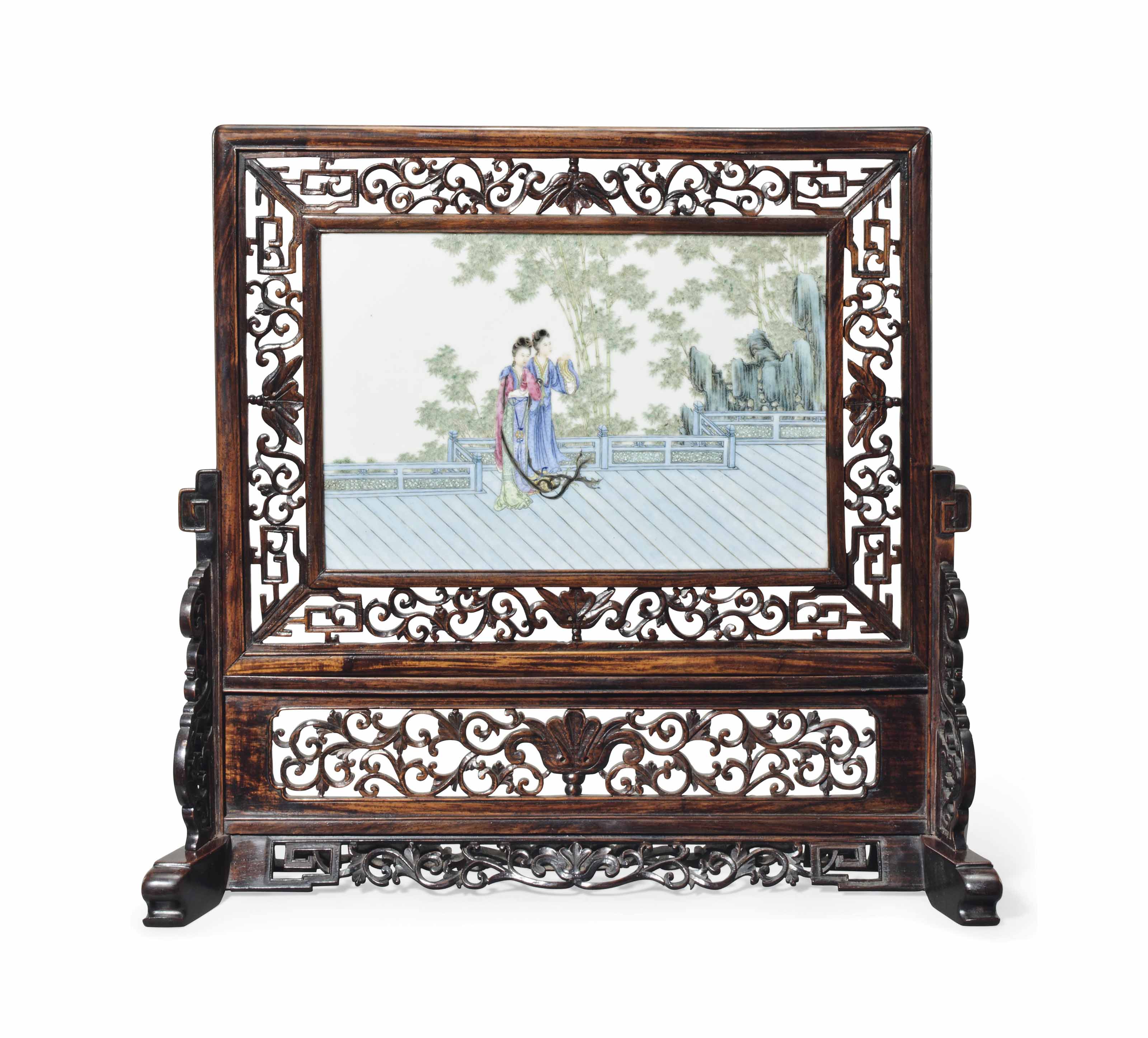 A Chinese Famille Rose Porcelain Plaque Mounted As A Table Screen
