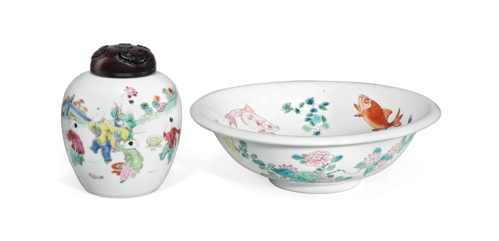 A CHINESE FAMILLE ROSE BASIN AND A SMALL JAR