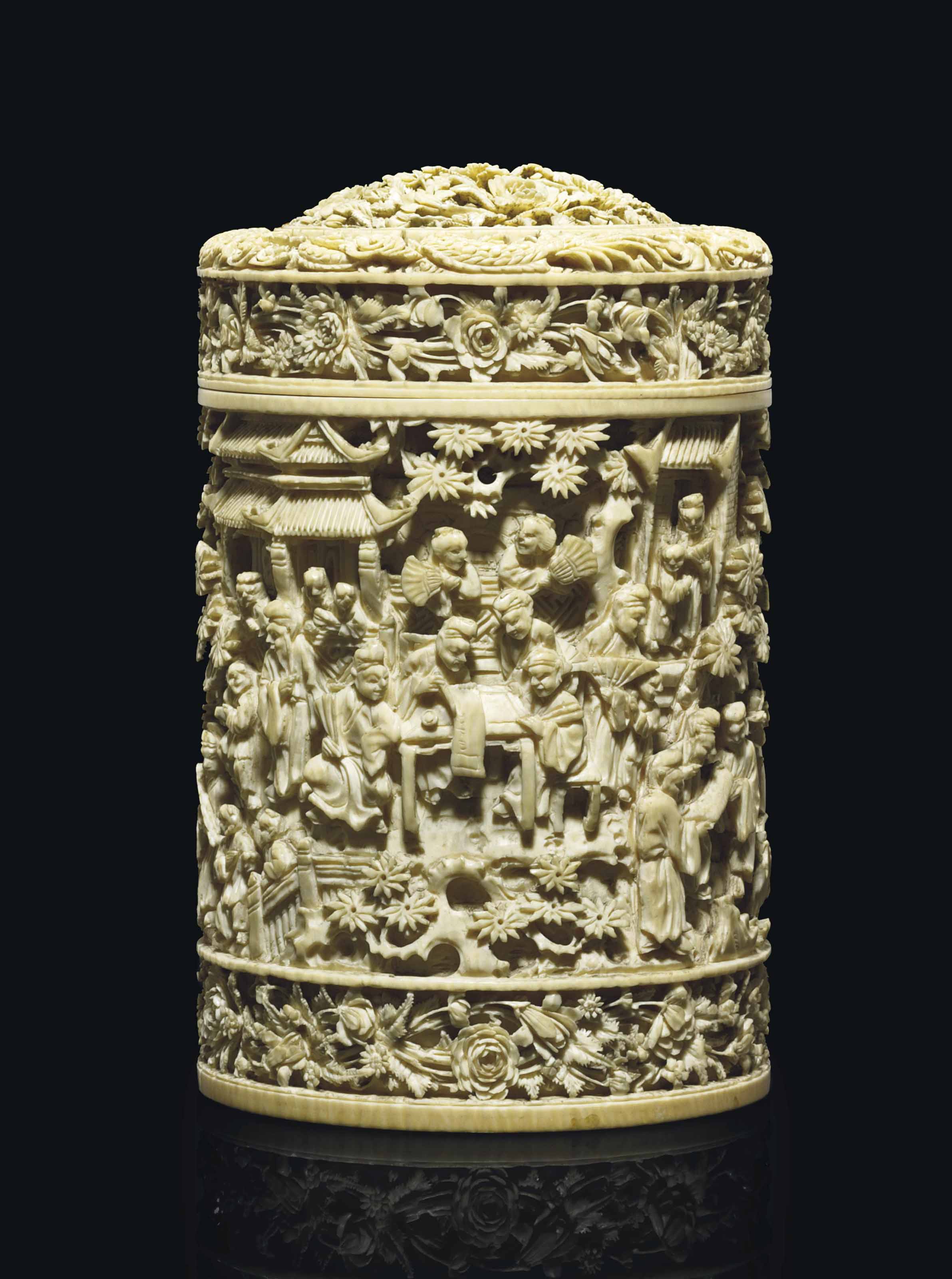 A CHINESE CARVED IVORY CYLINDRICAL BOX AND COVER , 19TH CENTURY ...