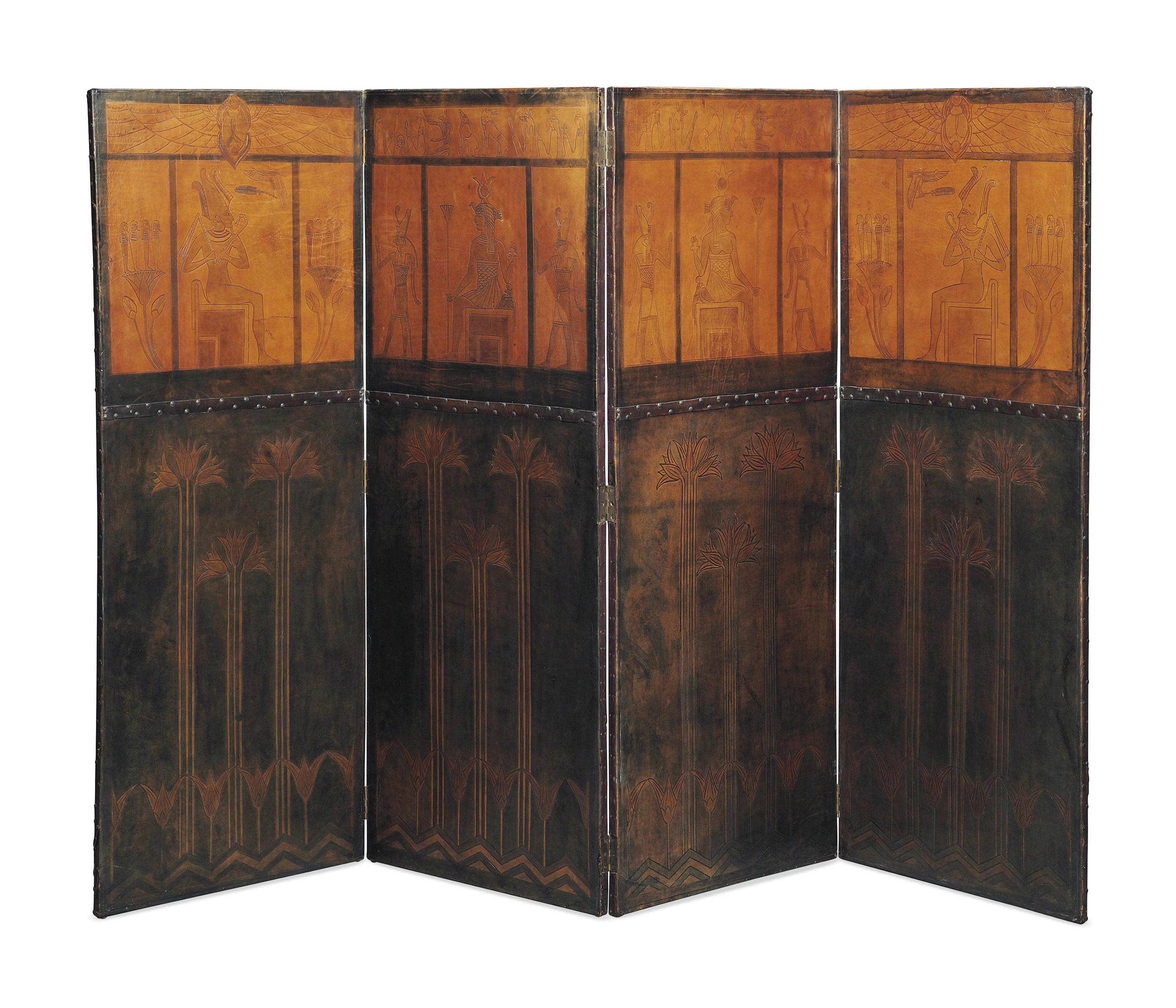 AN EGYPTIAN REVIVAL LEATHER FOUR FOLD SCREEN , EARLY 20TH CENTURY