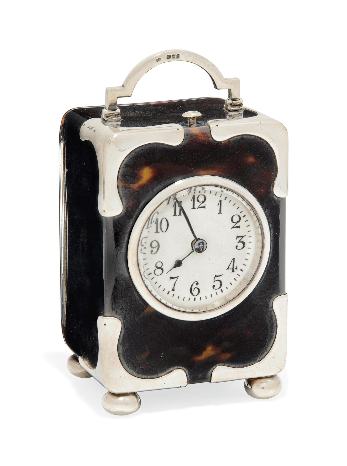 AN EDWARDIAN SILVERMOUNTED TORTOISESHELL CARRIAGE CLOCK , MARK OF