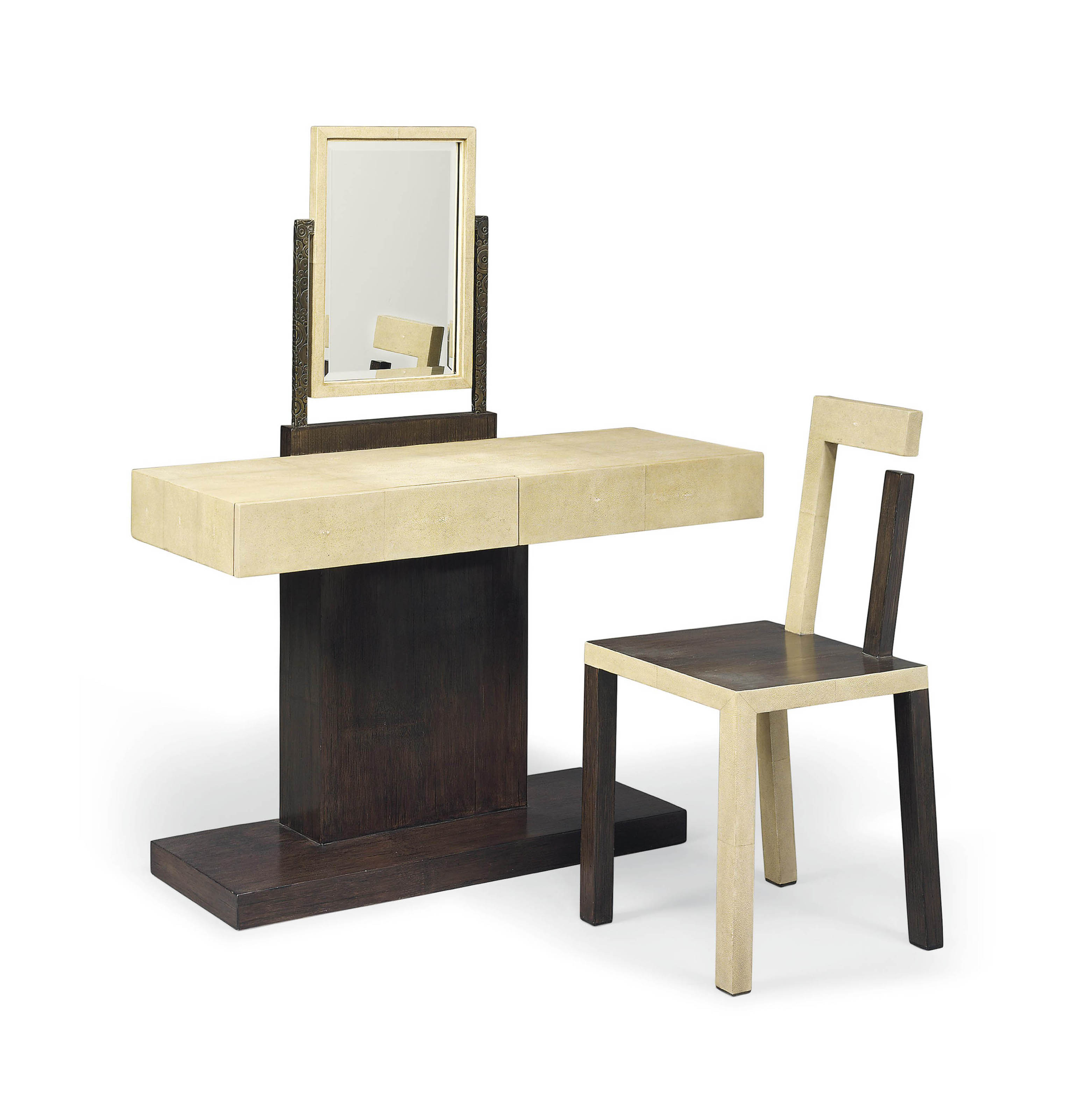 A SHAGREEN AND PALMWOOD DRESSING TABLE AND CHAIR EN SUITE , BY R&Y