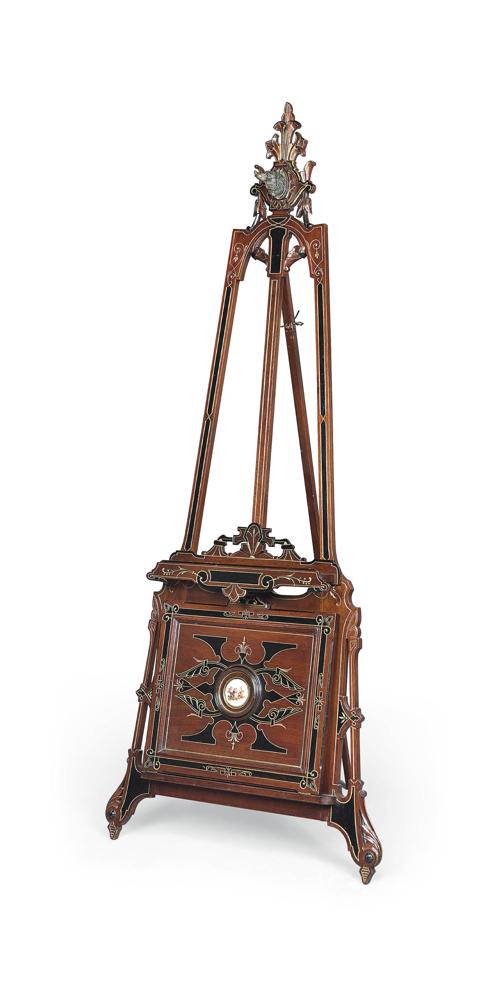 A WALNUT GALLERY EASEL