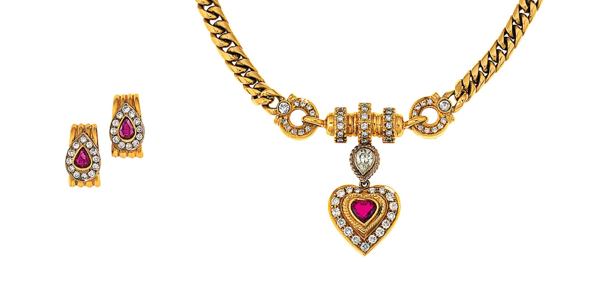 A ruby and diamond-set necklace, earring and ring suite