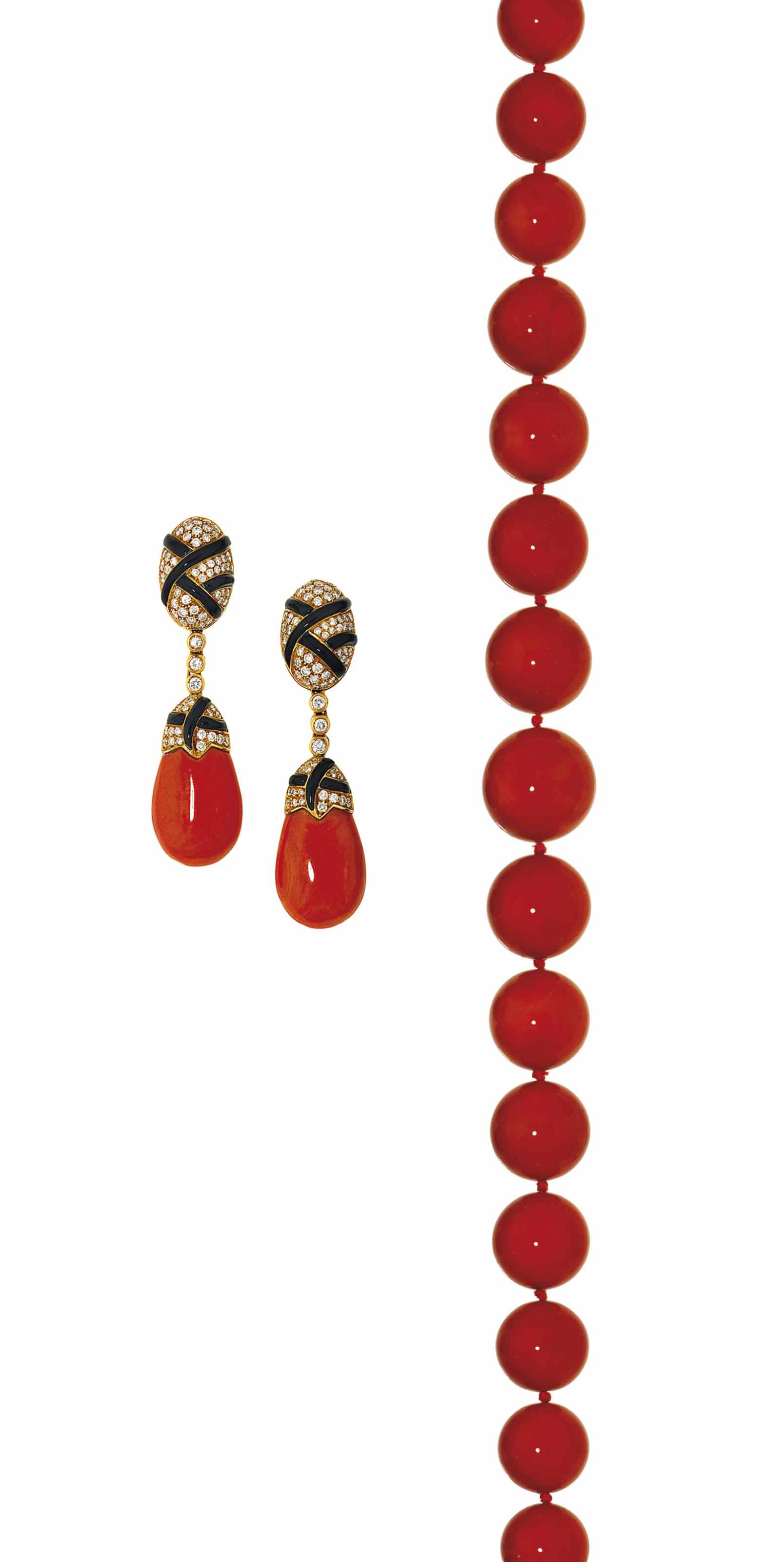 A coral bead necklace, by Trianon, and a pair of coral and diamo