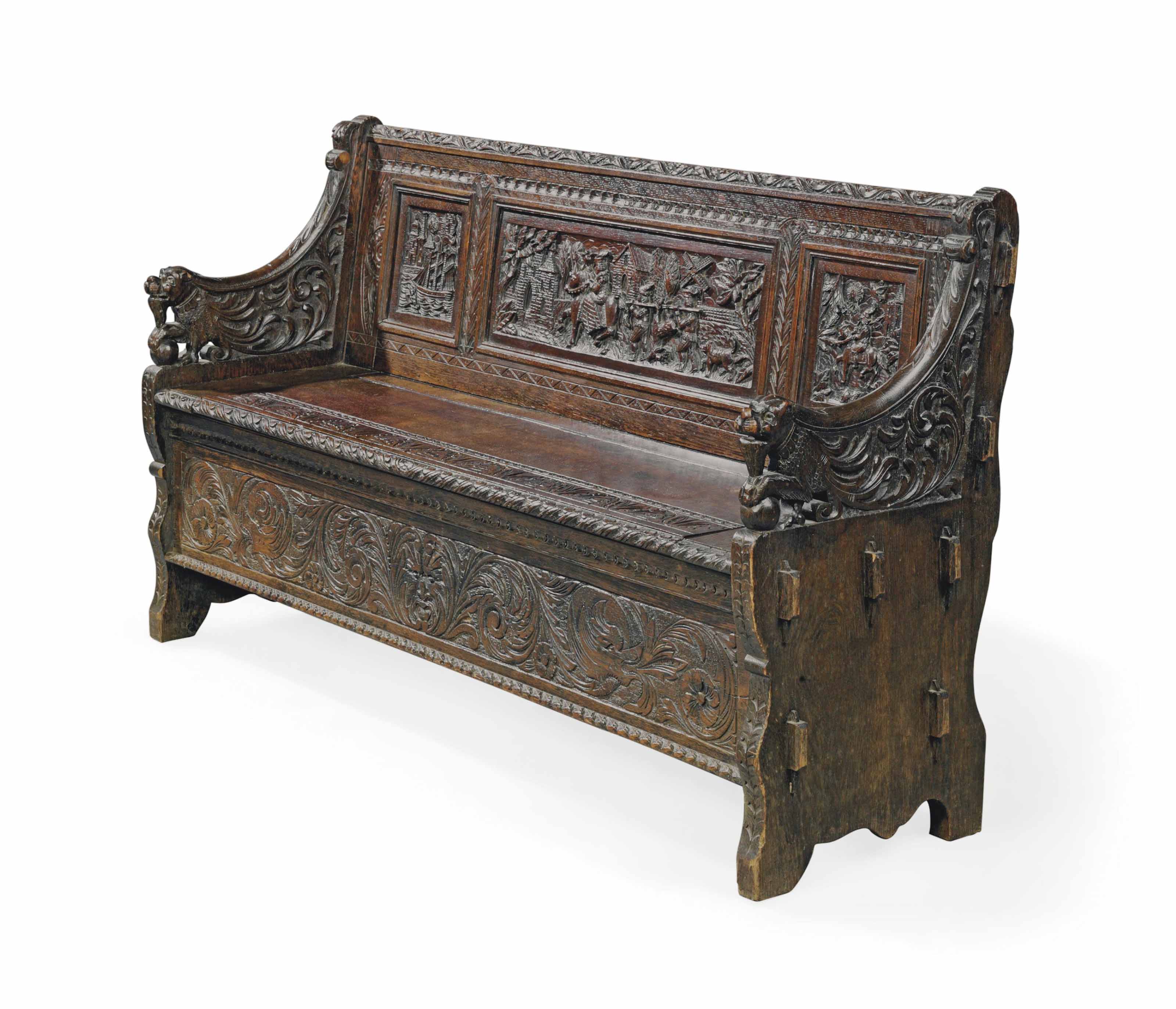An English Or Dutch Carved Oak Low Back Box Seat Settle Late
