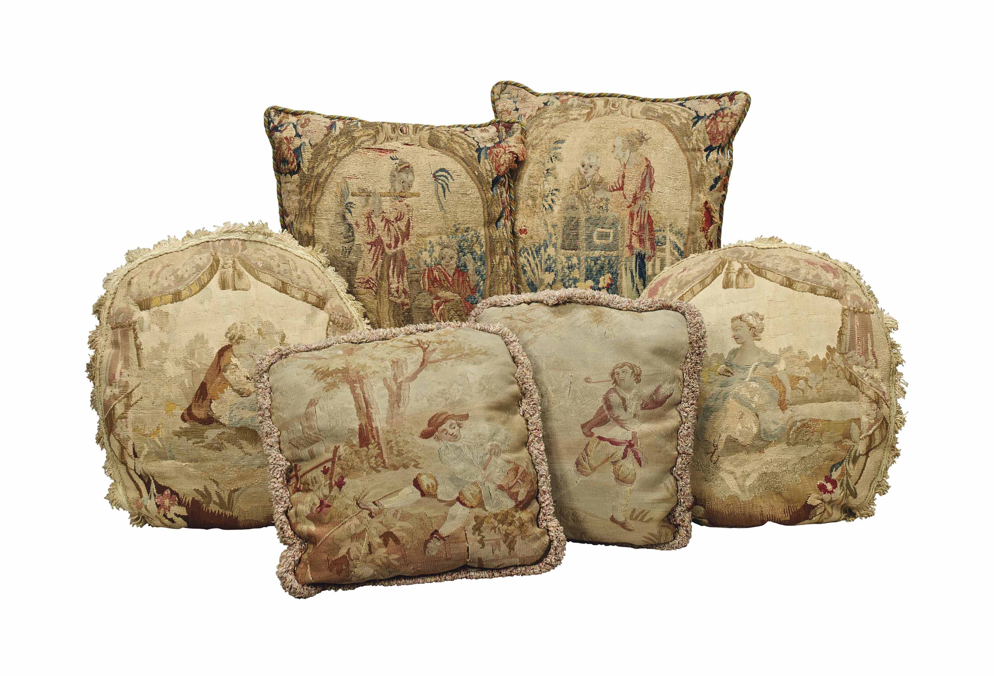 THREE PAIRS OF TAPESTRY CUSHIONS , LATE 18TH CENTURY AND LATER MADEUP