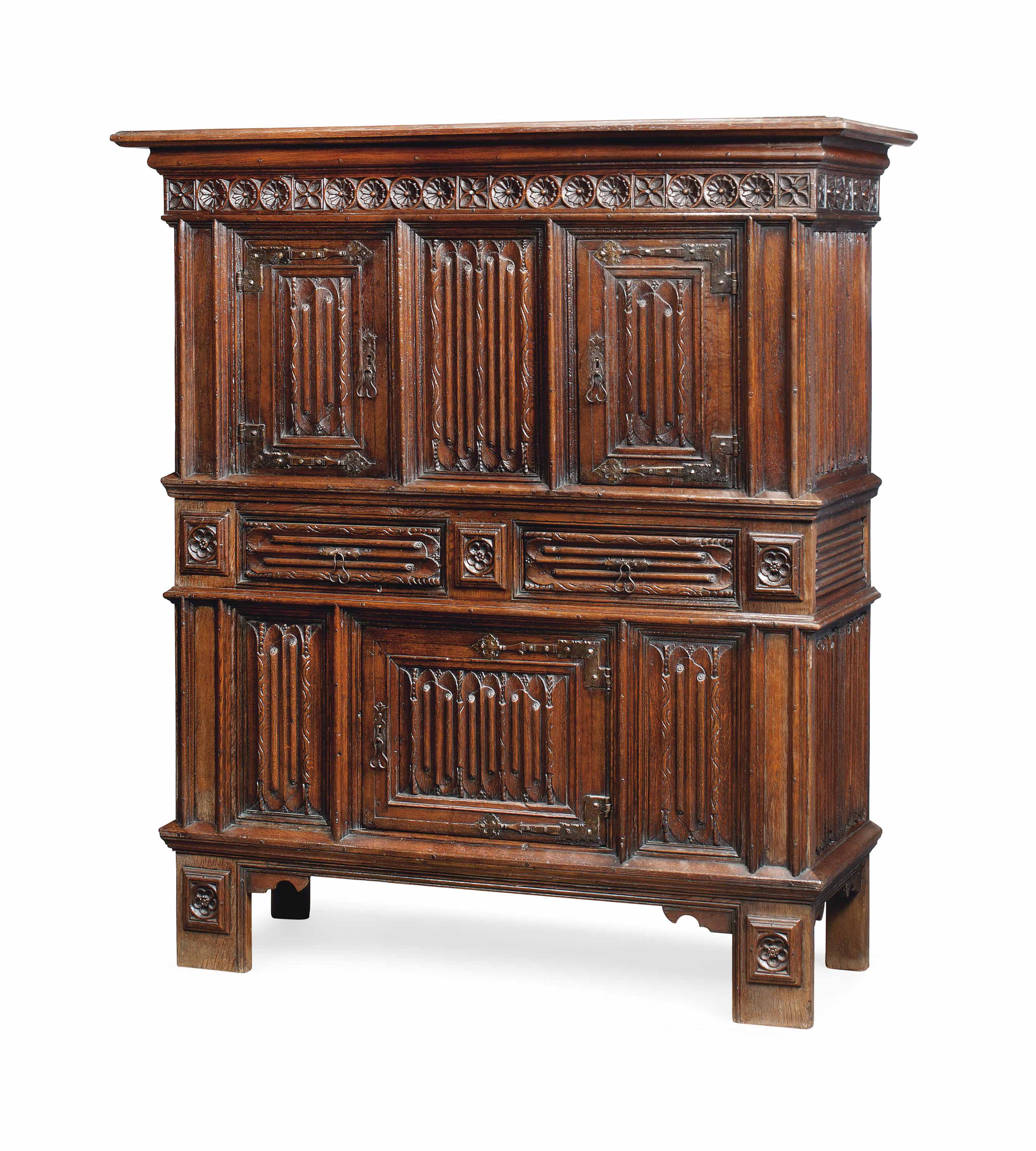 A LARGE OAK LINENFOLD CUPBOARD , 19TH CENTURY, RENAISSANCE STYLE