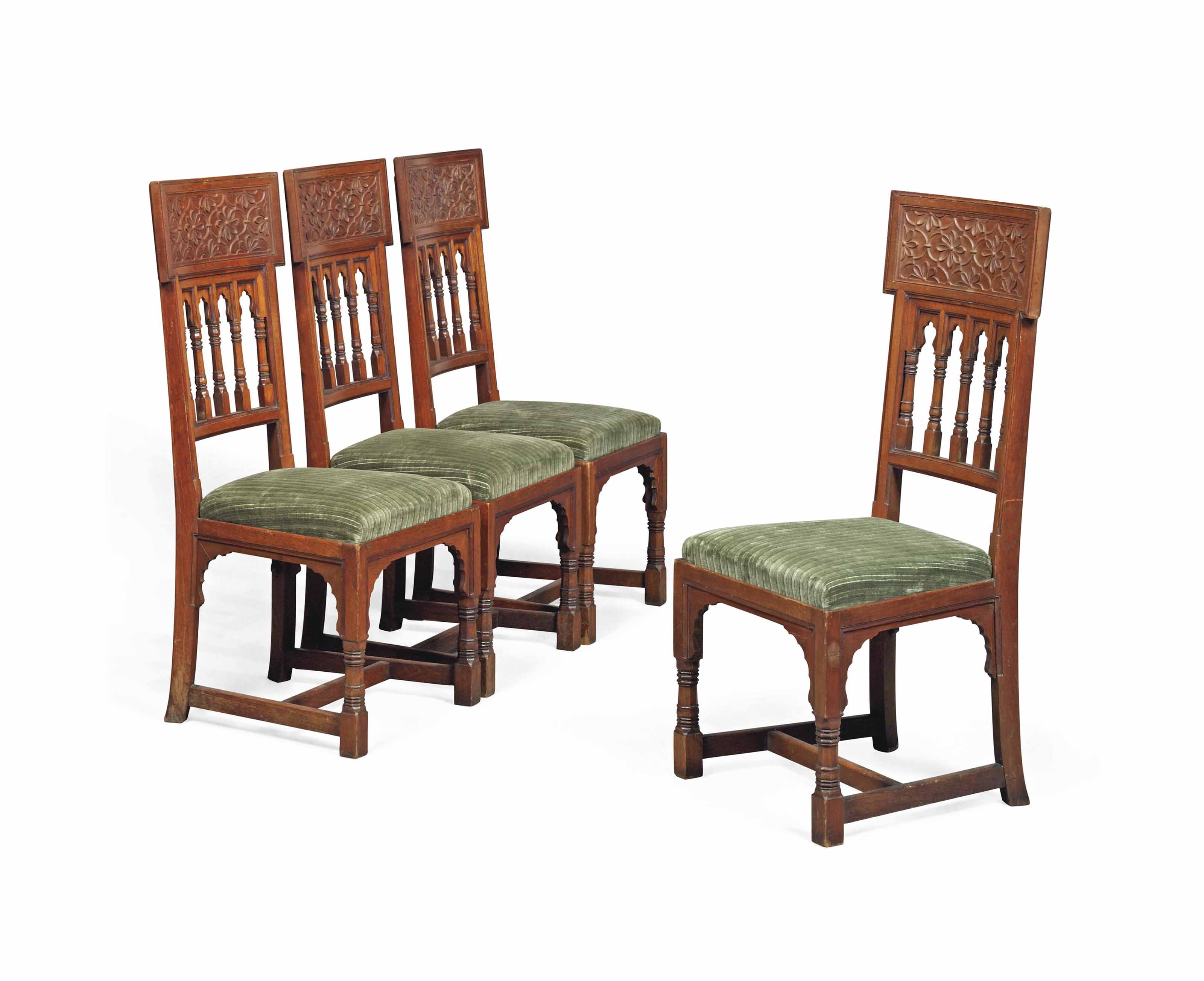 A SET OF FOUR VICTORIAN TEAK SIDE CHAIRS , OF MUGHAL DESIGN, CIRCA 1870