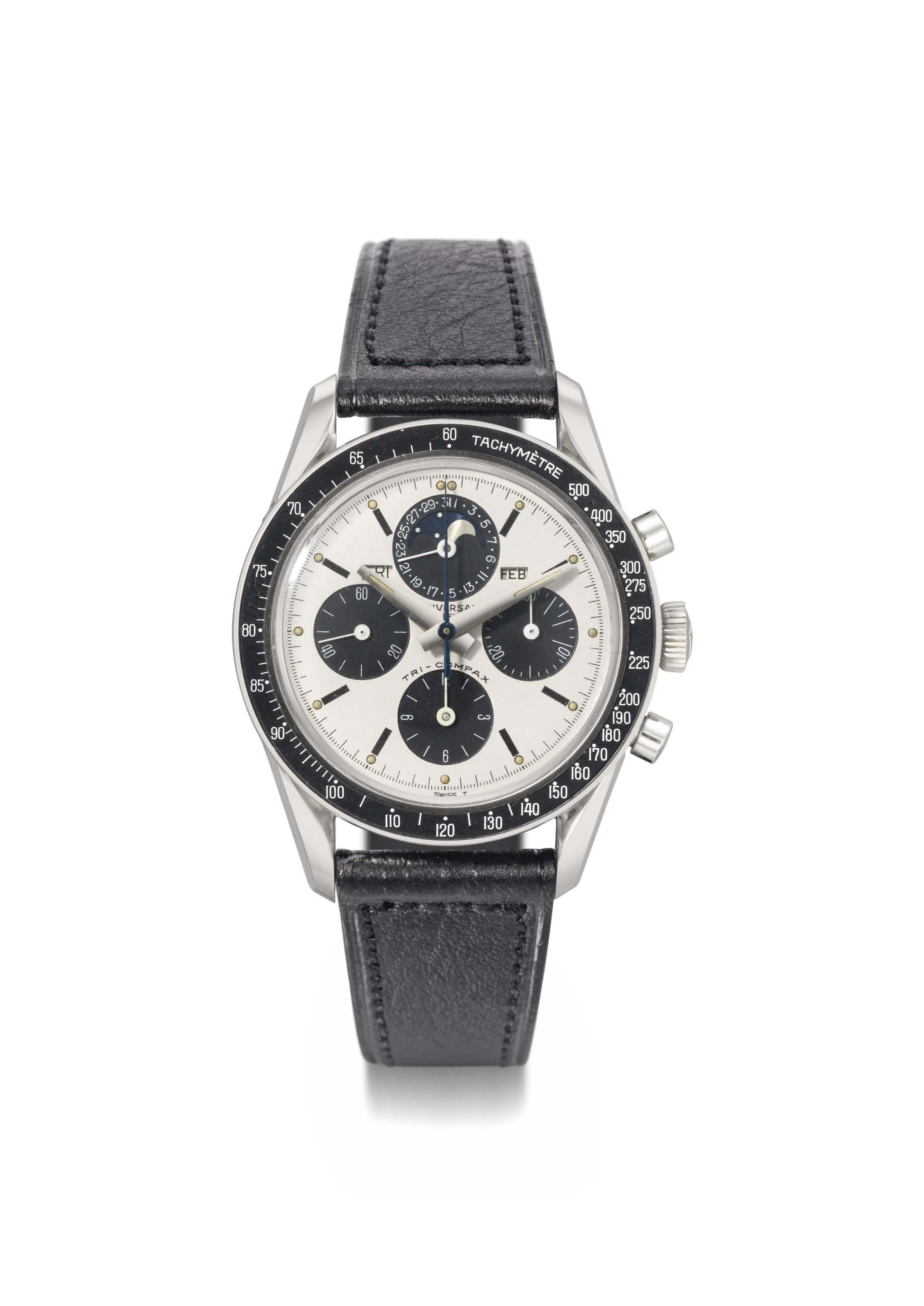 Universal A stainless steel triple calendar chronograph wristwatch