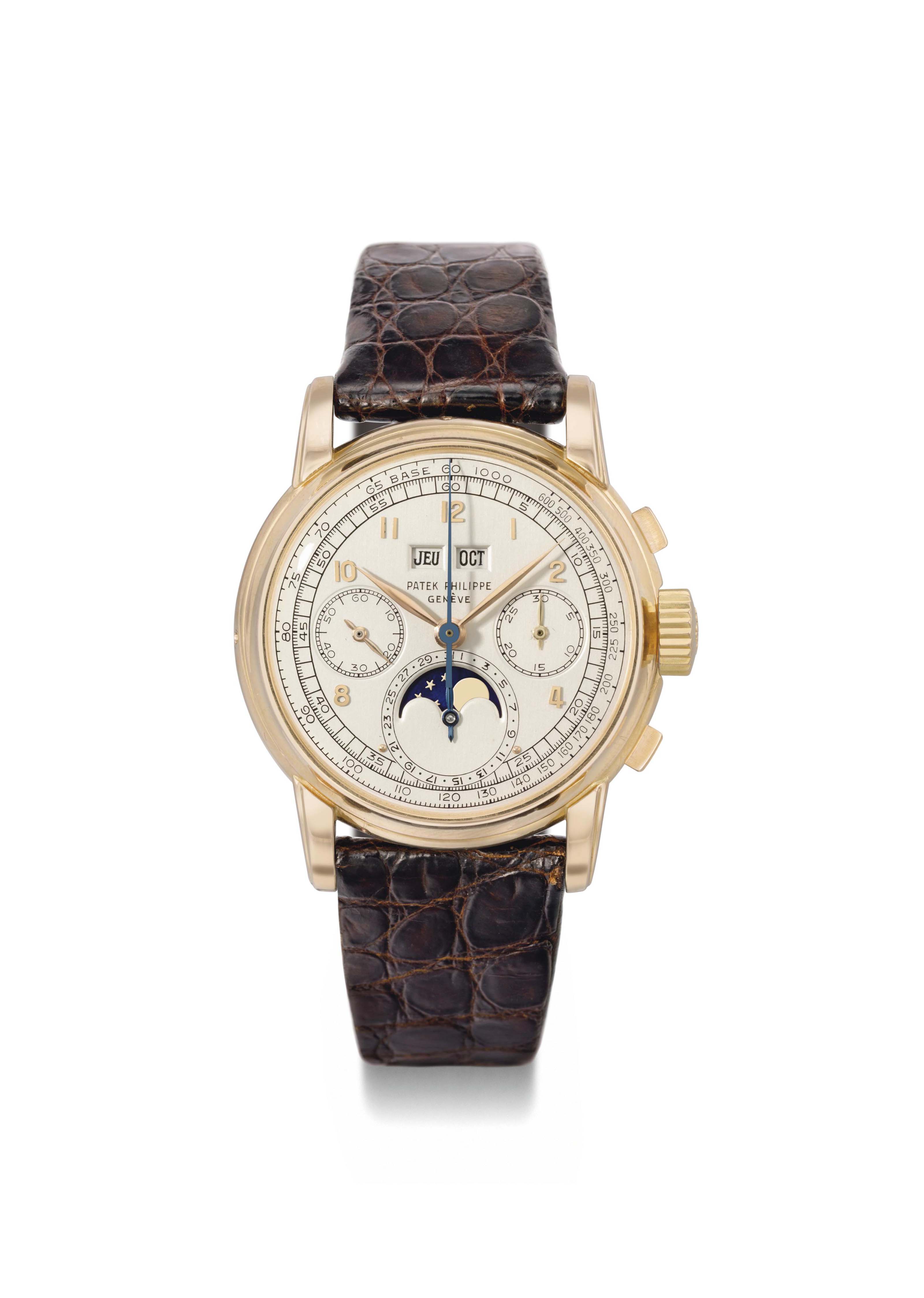 Patek Philippe. A very fine and rare 18K gold perpetual calendar chronograph wristwatch with moon phases SIGNED PATEK PHILIPPE GENEVE REF. 2499 MOVEMENT NO. 869 448 CASE NO. 2 700 400 MANUFACTURED IN ...