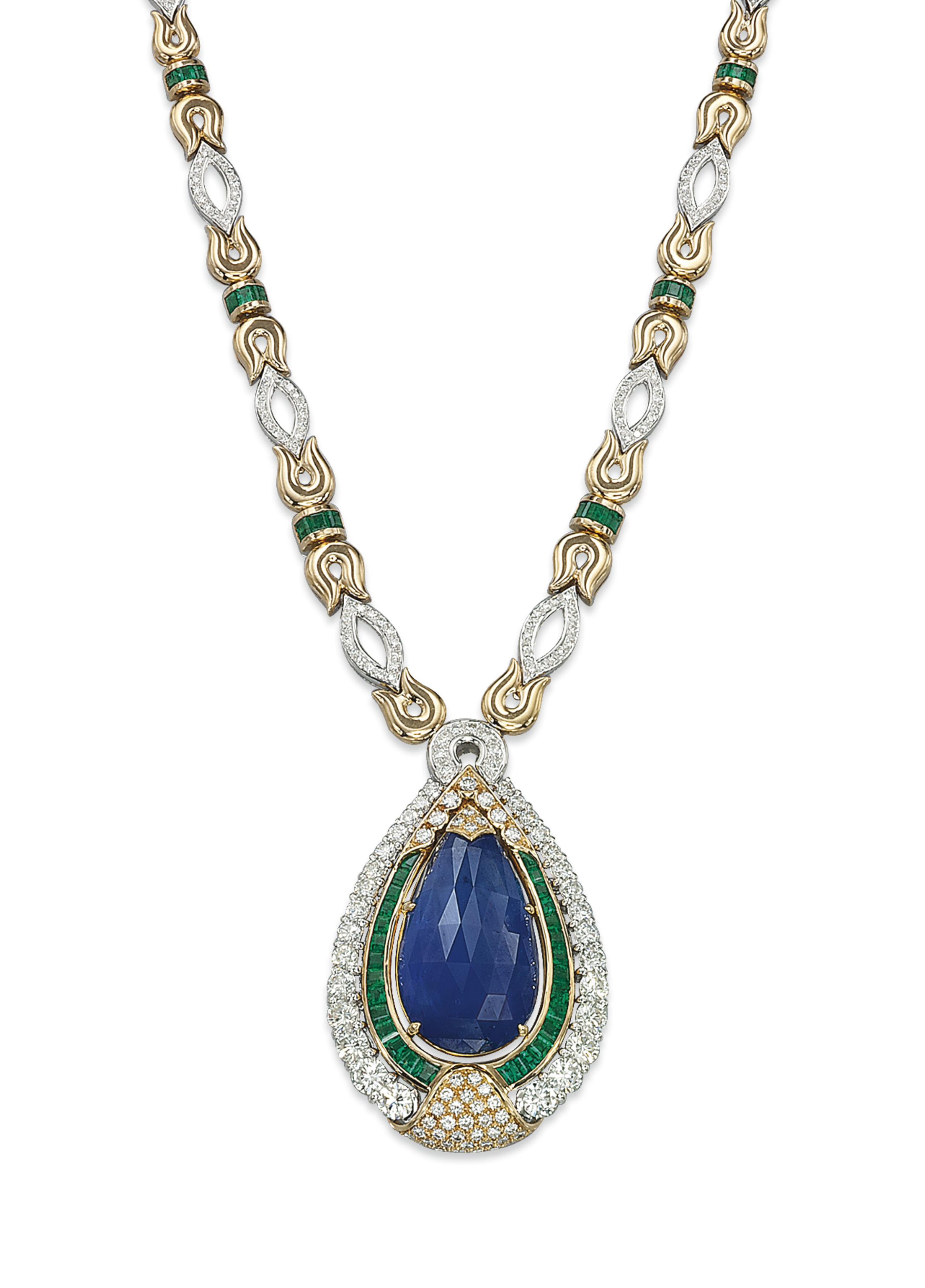 Emerald and sapphire necklace clearance