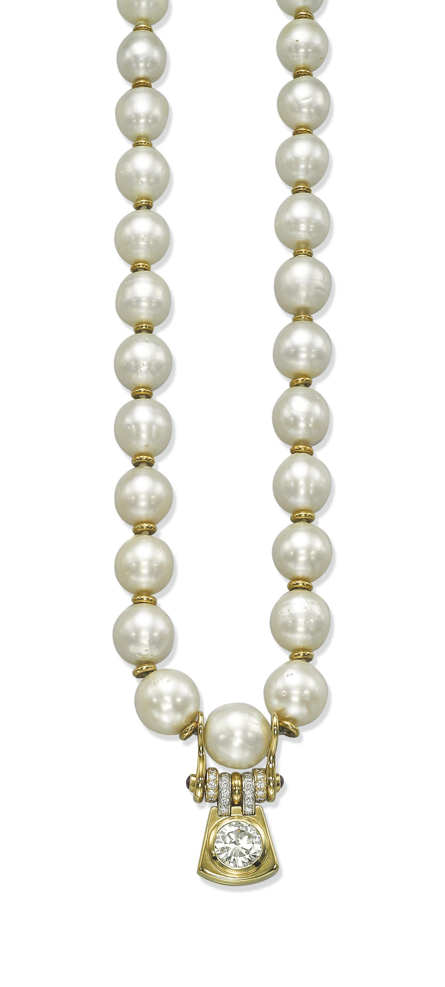 A SINGLESTRAND CULTURED PEARL AND DIAMOND NECKLACE