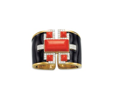 A coral, diamond and enamel bangle, by David Webb. Sold for CHF 47,500 on 13 November 2012 at Christie’s in Geneva