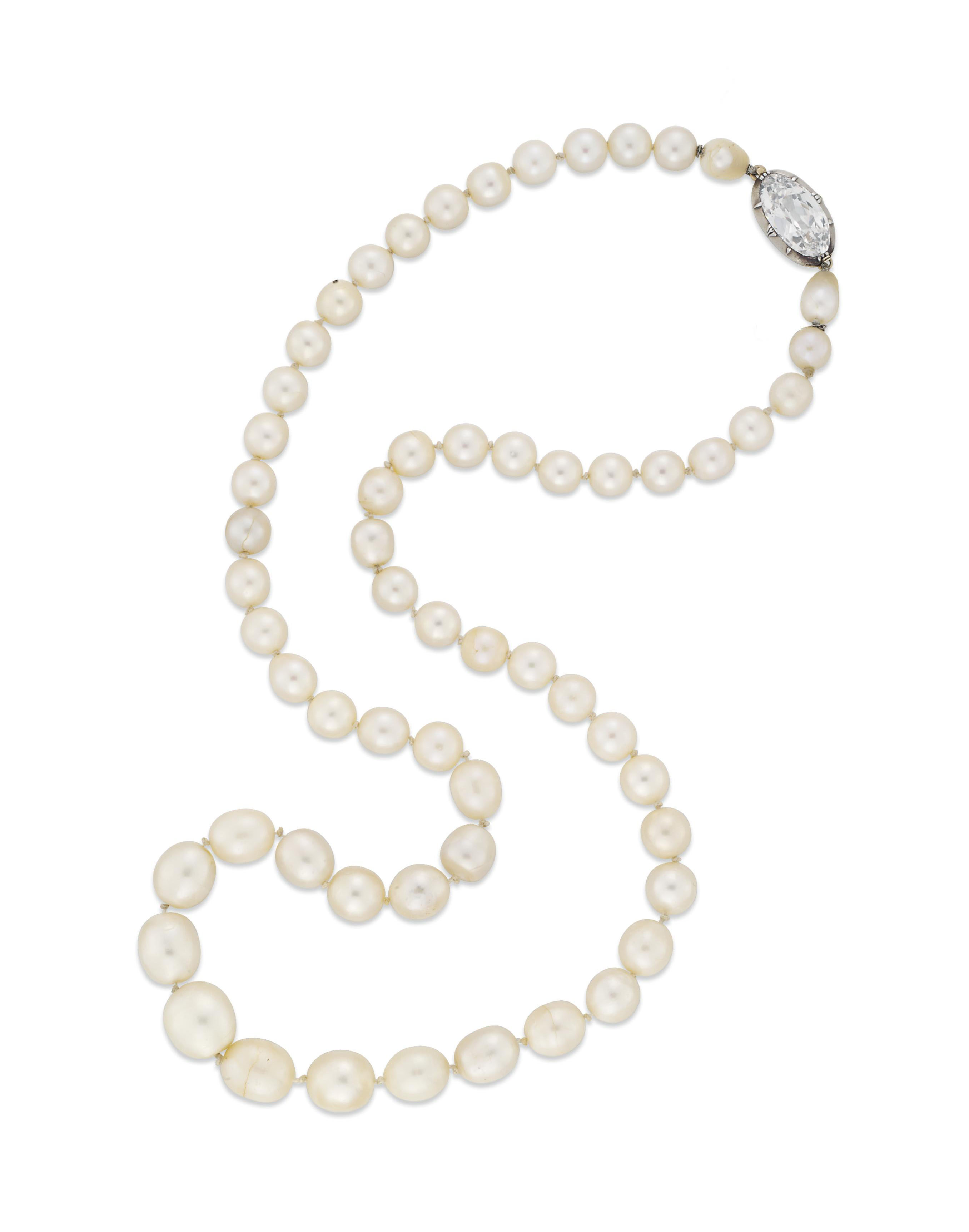 AN ANTIQUE SINGLESTRAND NATURAL PEARL AND DIAMOND NECKLACE Christie's