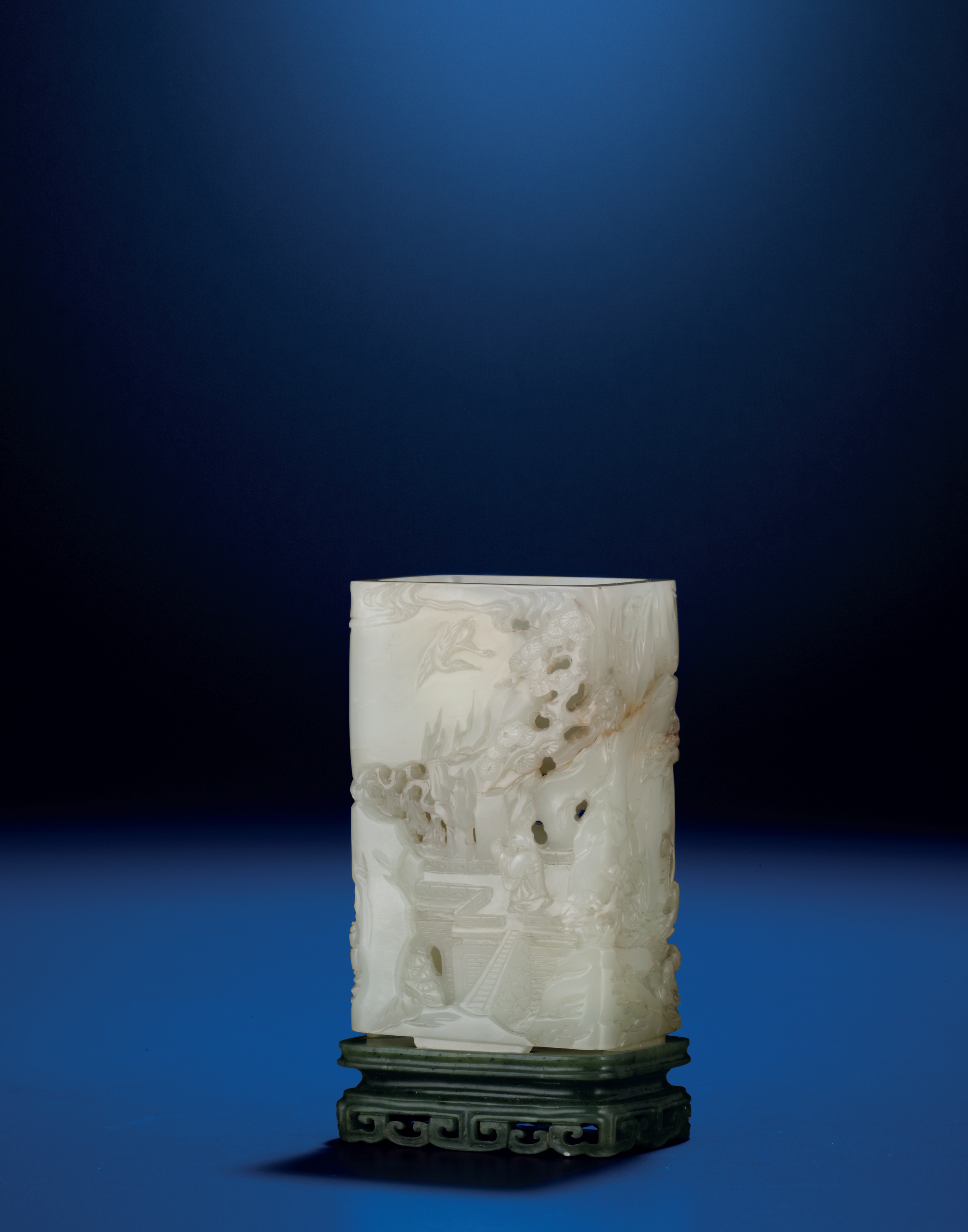 A CARVED AND PIERCED WHITE JADE MINIATURE TOOL VASE , QIANLONG PERIOD