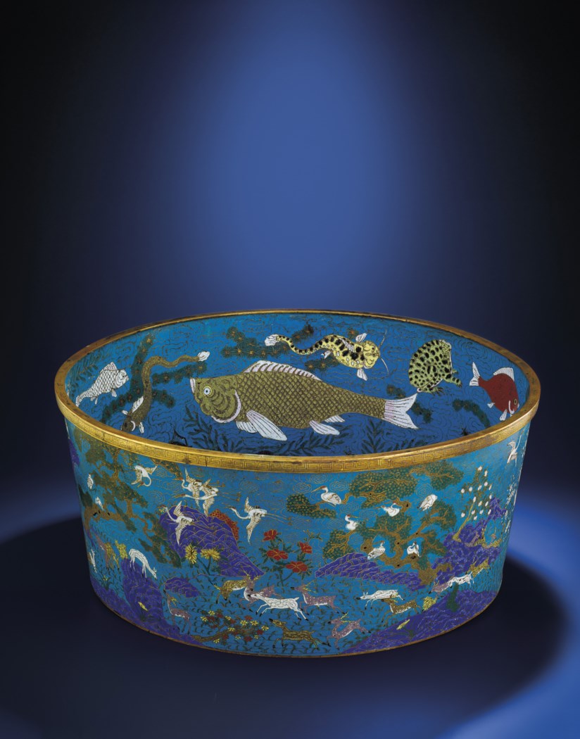 A RARE LARGE CLOISONNE ENAMEL FISH BASIN