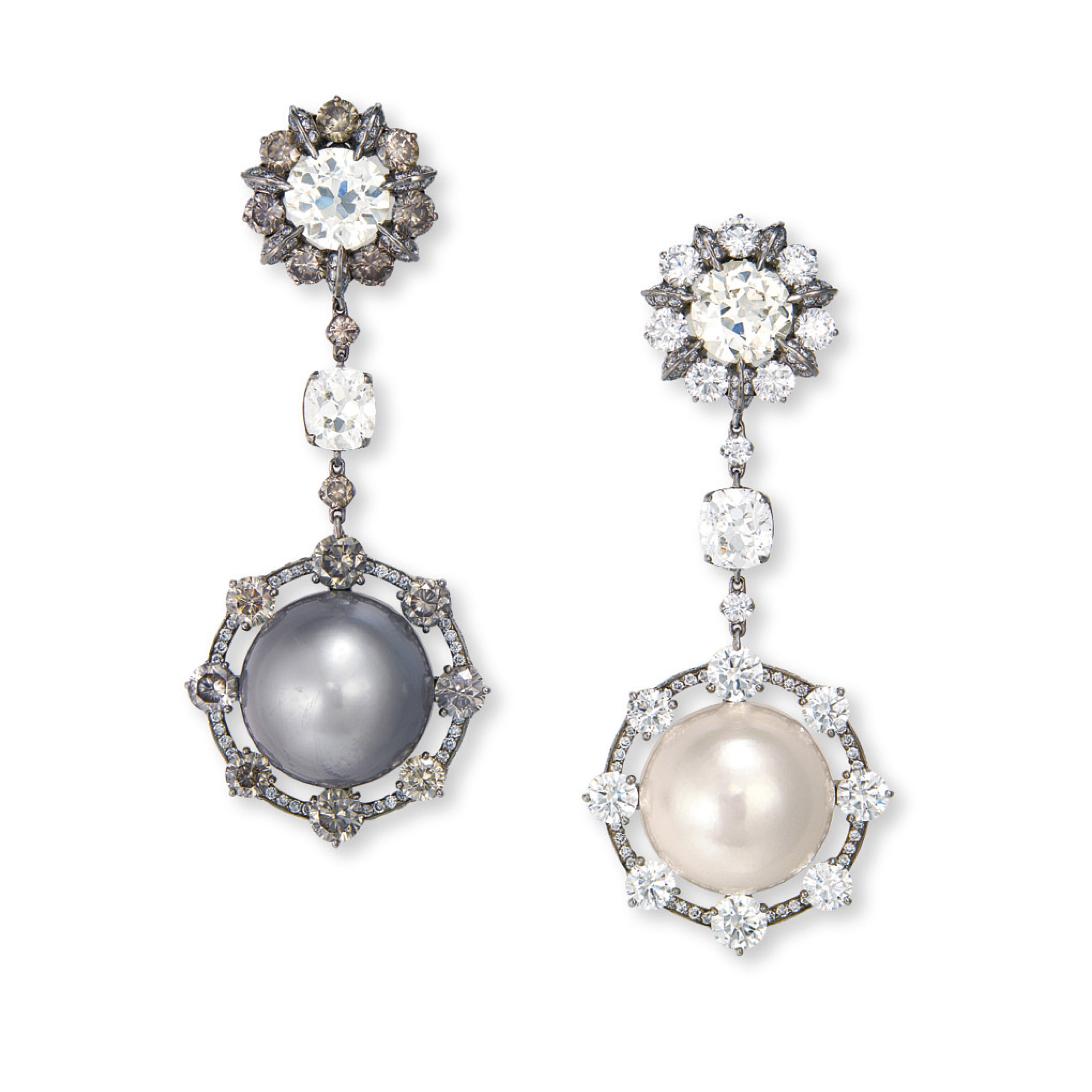 A PAIR OF NATURAL PEARL AND DIAMOND EAR PENDANTS, BY WALLACE CHA