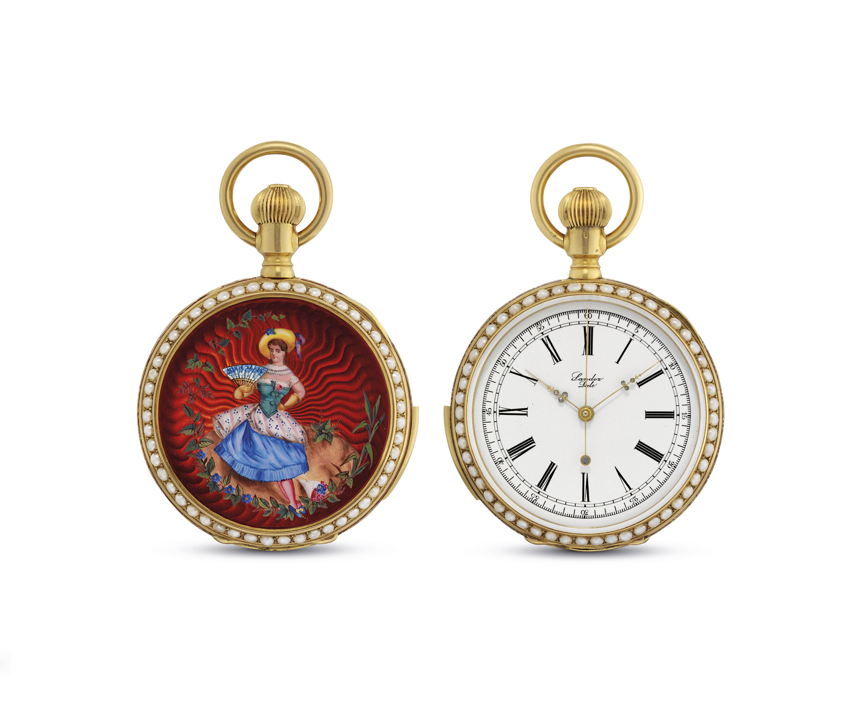 SANDOZ. A FINE AND RARE 18K GOLD, ENAMEL AND PEARL-SET OPENFACE